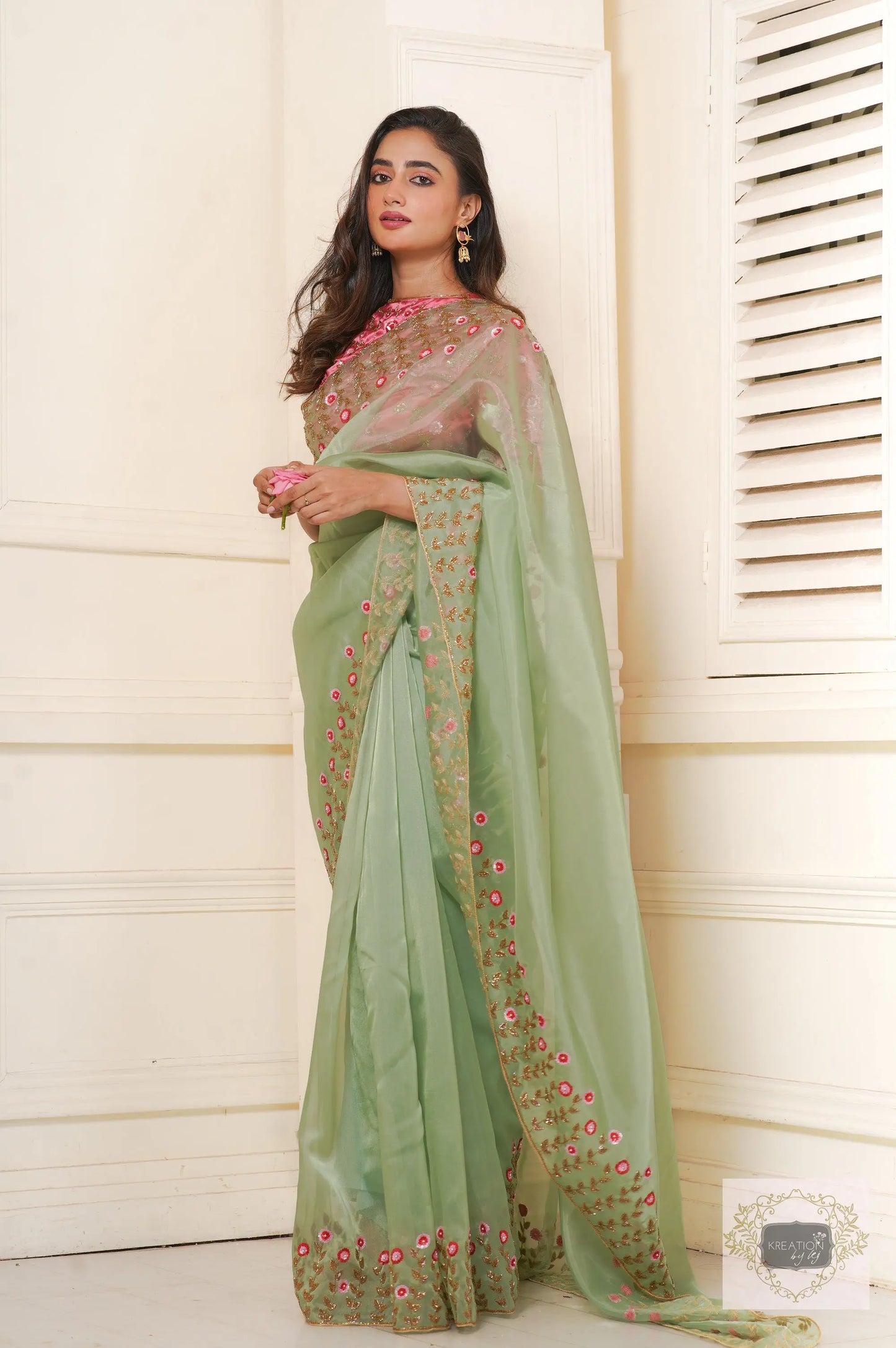 Blooming Daisies Mint Organza Saree kreationbykj