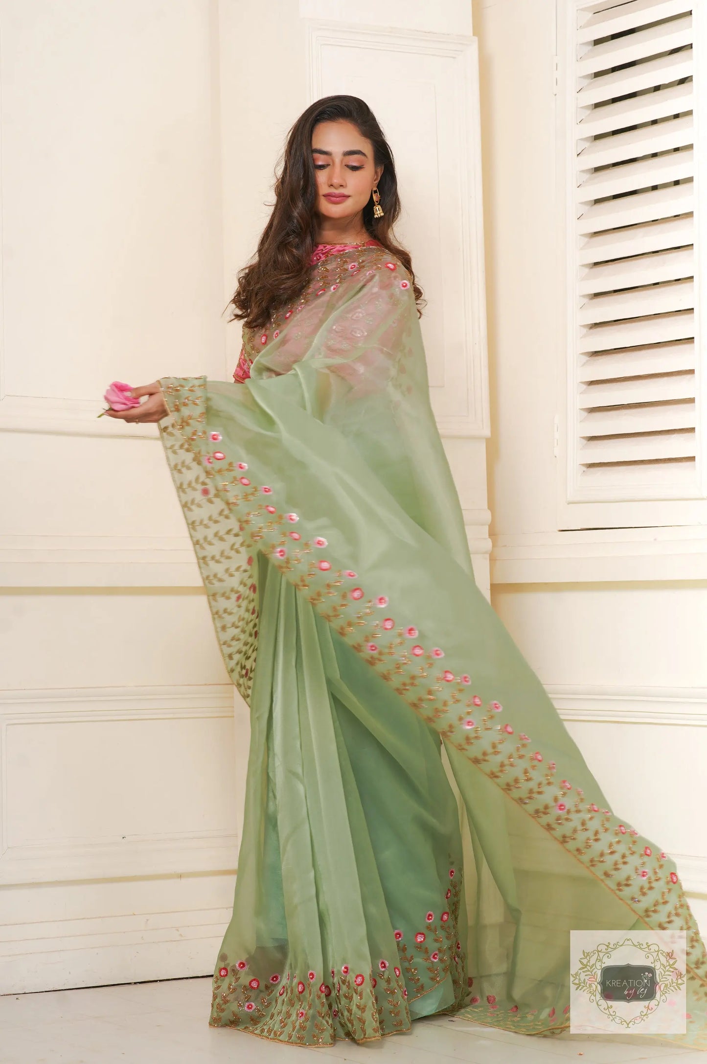 Blooming Daisies Mint Organza Saree kreationbykj