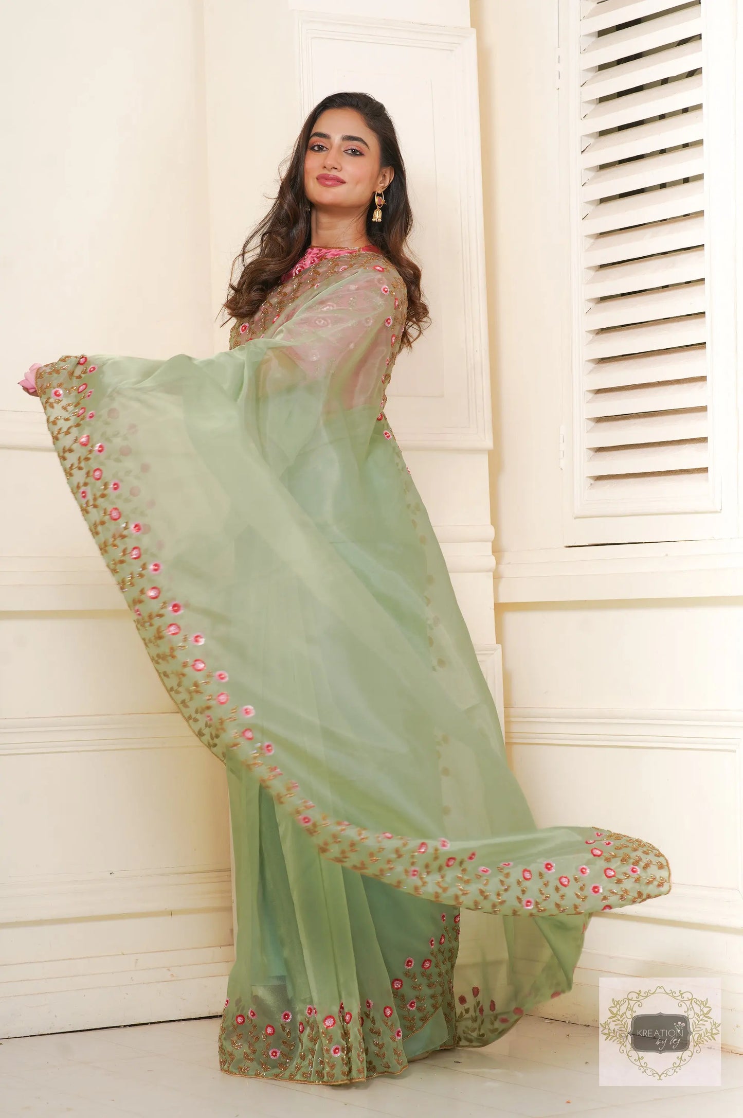 Blooming Daisies Mint Organza Saree kreationbykj
