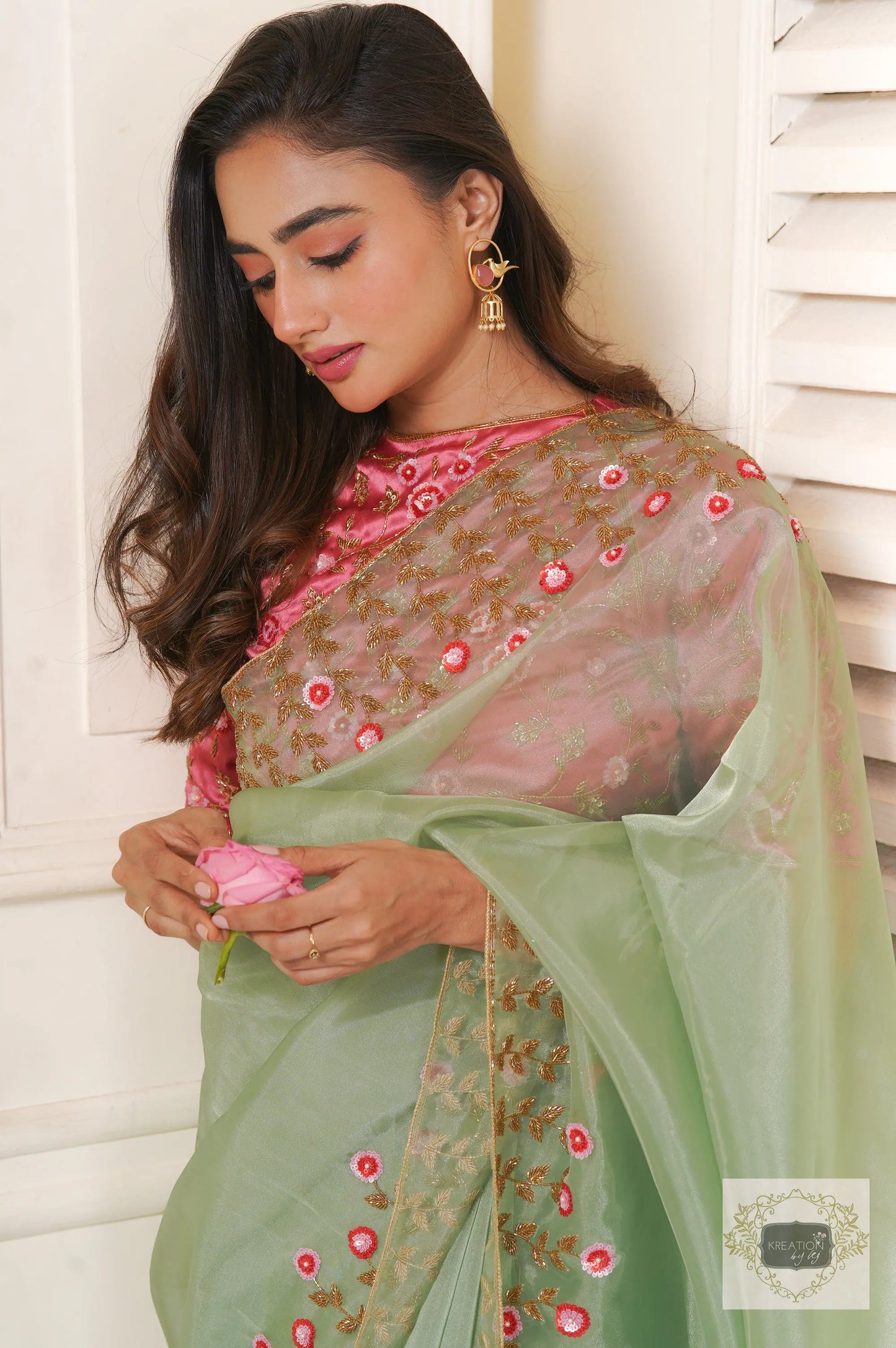 Blooming Daisies Mint Organza Saree kreationbykj