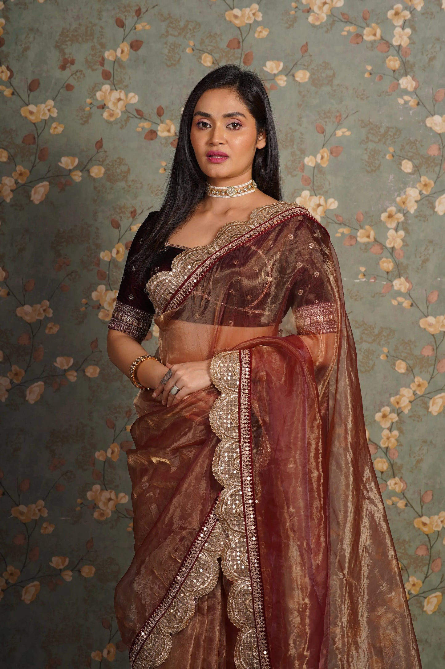 Golden Chocolate Glass Tissue Mehraab Border Saree kreationbykj