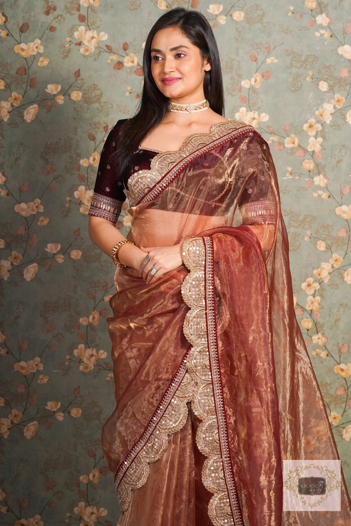 Golden Chocolate Glass Tissue Mehraab Border Saree kreationbykj