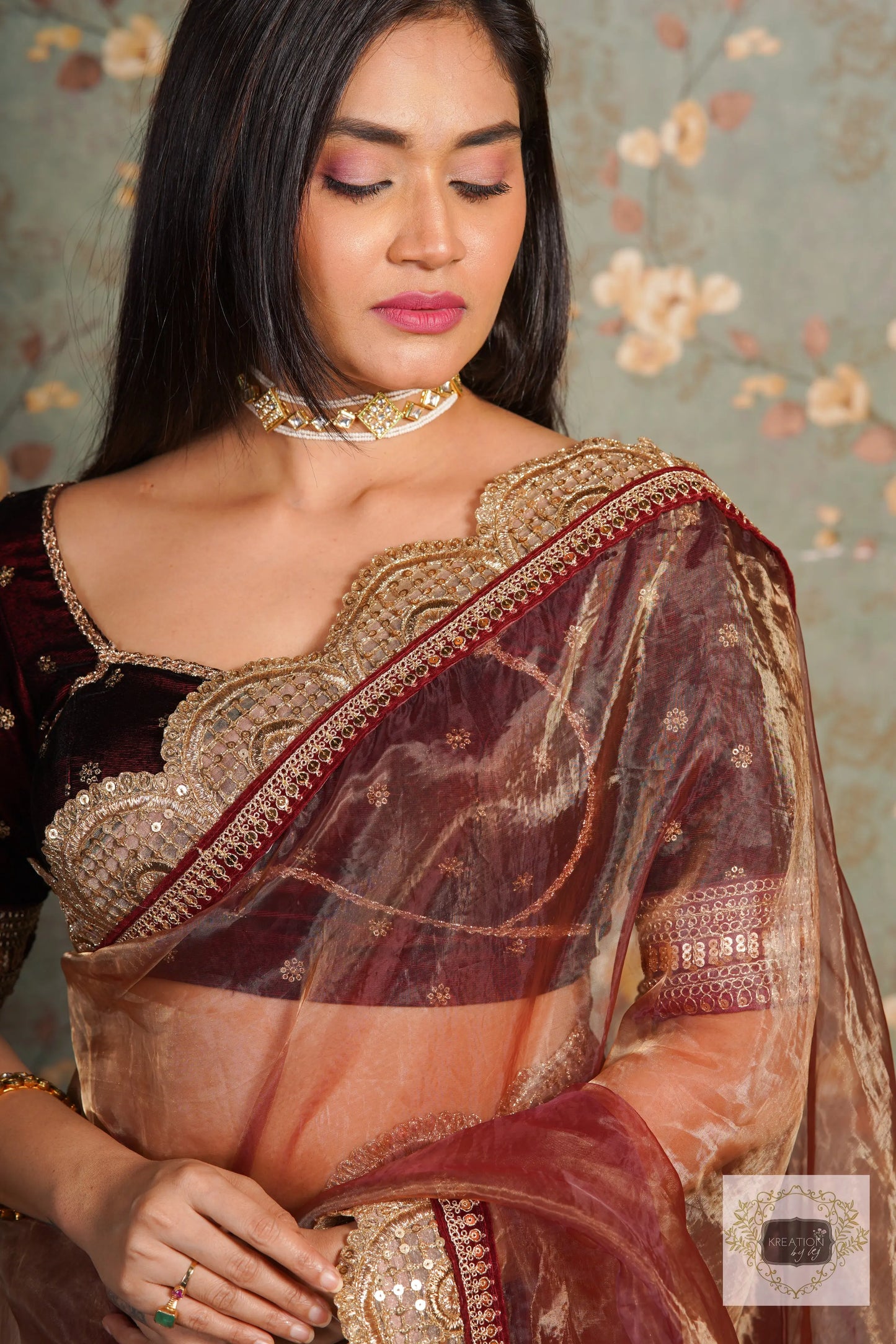 Golden Chocolate Glass Tissue Mehraab Border Saree kreationbykj