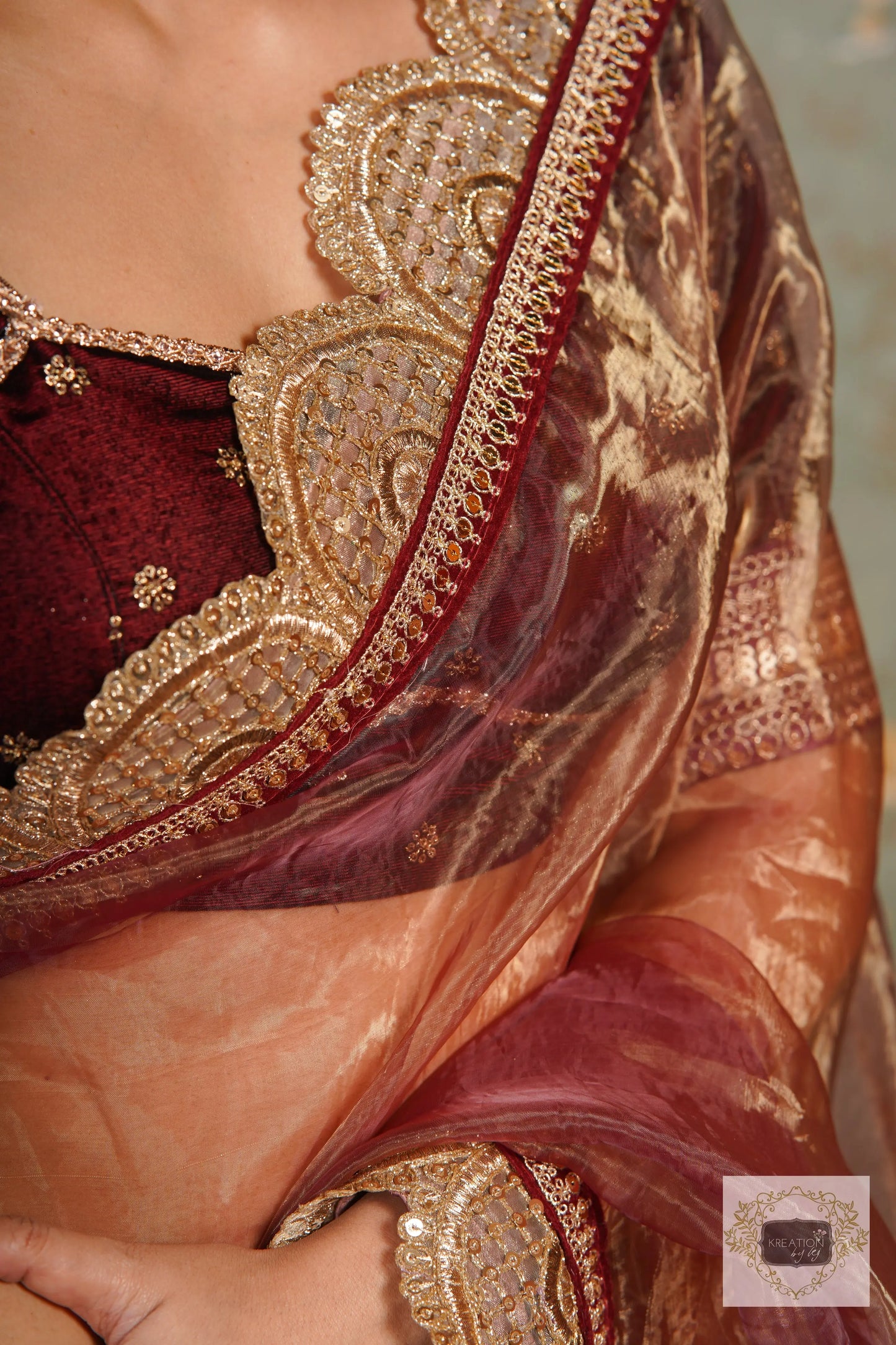 Golden Chocolate Glass Tissue Mehraab Border Saree kreationbykj
