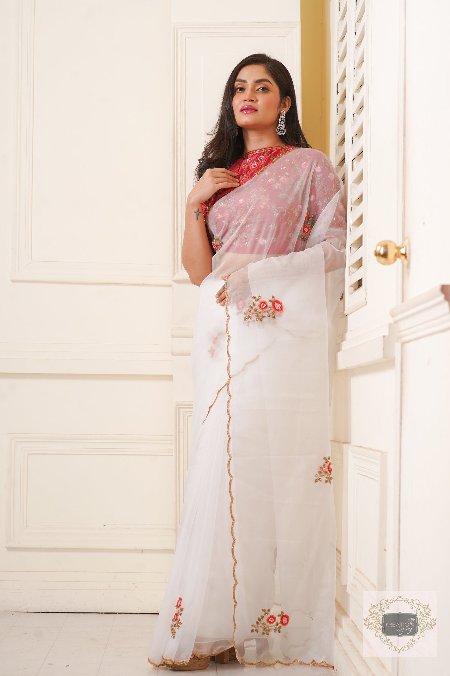 White Organza Remember The Roses Saree