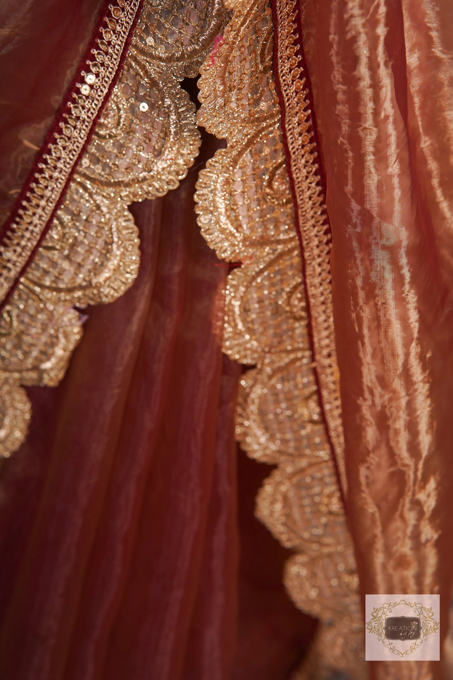 Golden Chocolate Glass Tissue Mehraab Border Saree kreationbykj