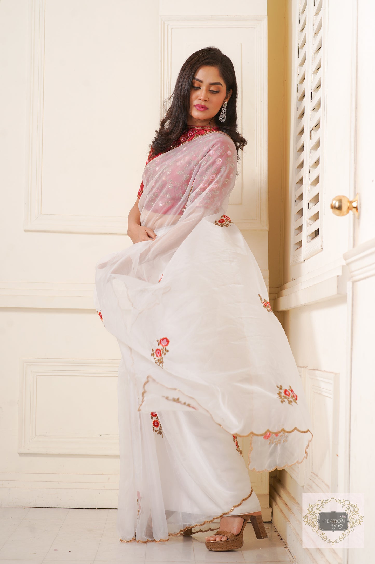 White Organza Remember The Roses Saree
