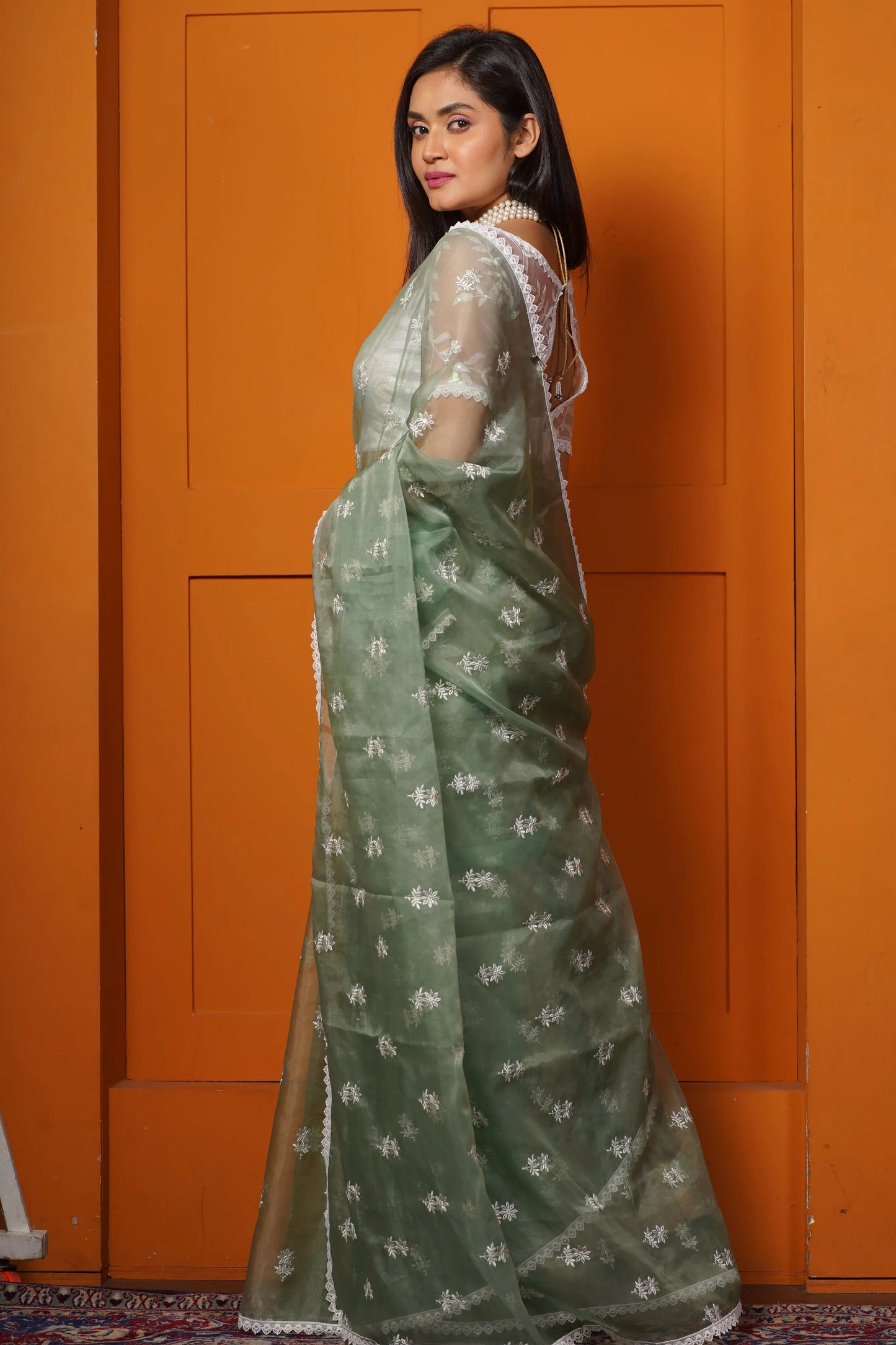 Sage Green Snow Drop Organza Saree kreationbykj