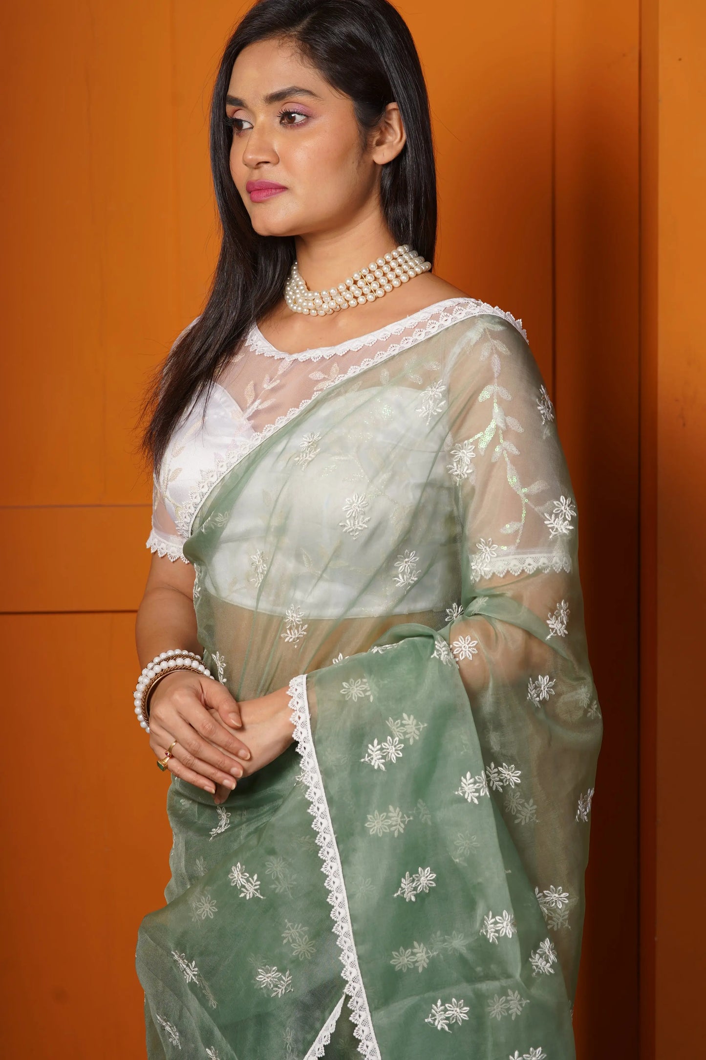 Sage Green Snow Drop Organza Saree kreationbykj