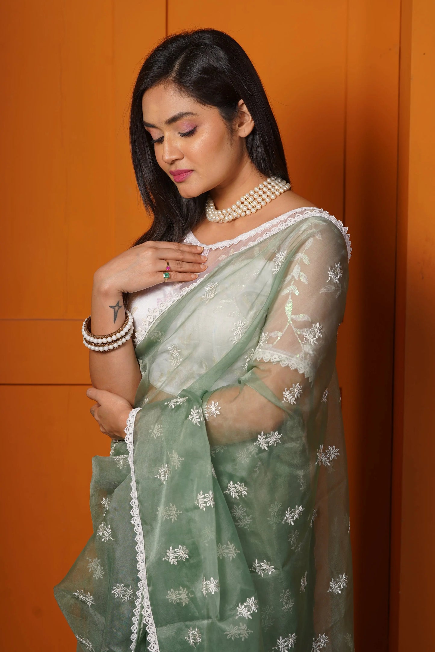 Sage Green Snow Drop Organza Saree kreationbykj
