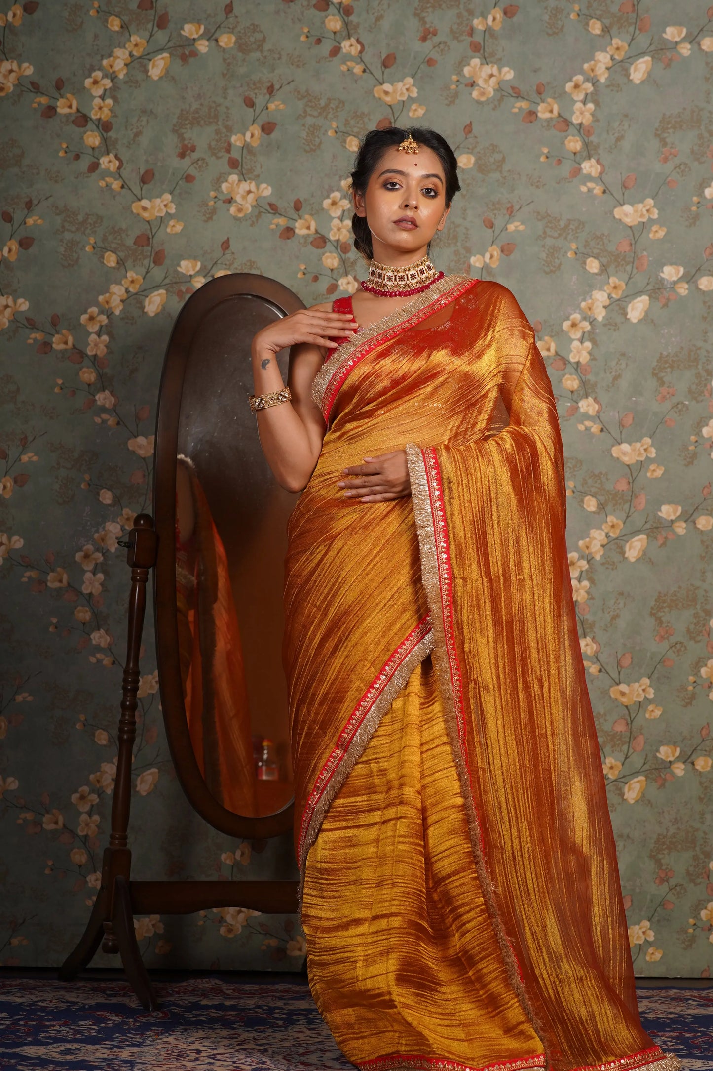 Fiery Gold Zari Tissue Banno Saree kreationbykj