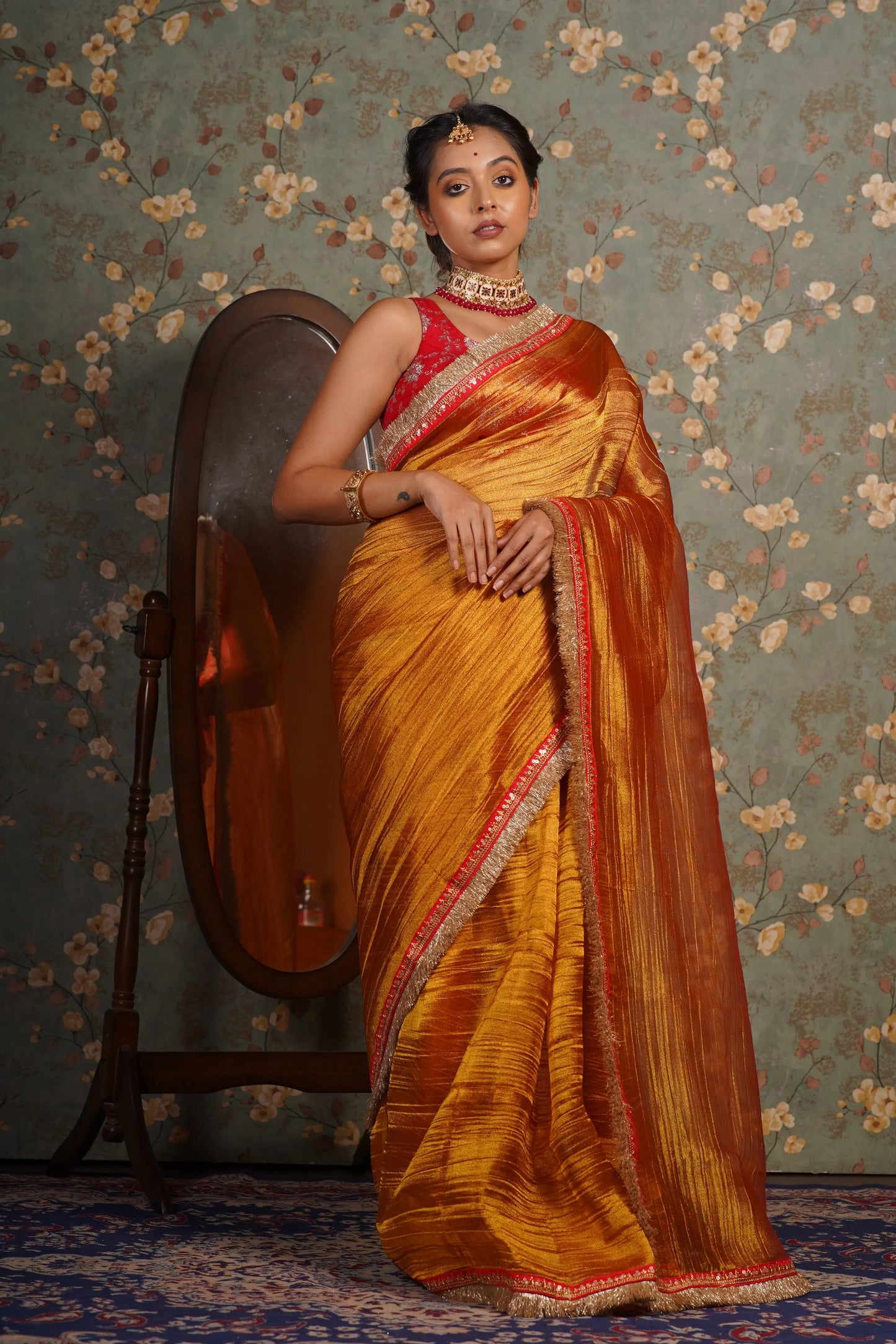 Fiery Gold Zari Tissue Banno Saree kreationbykj