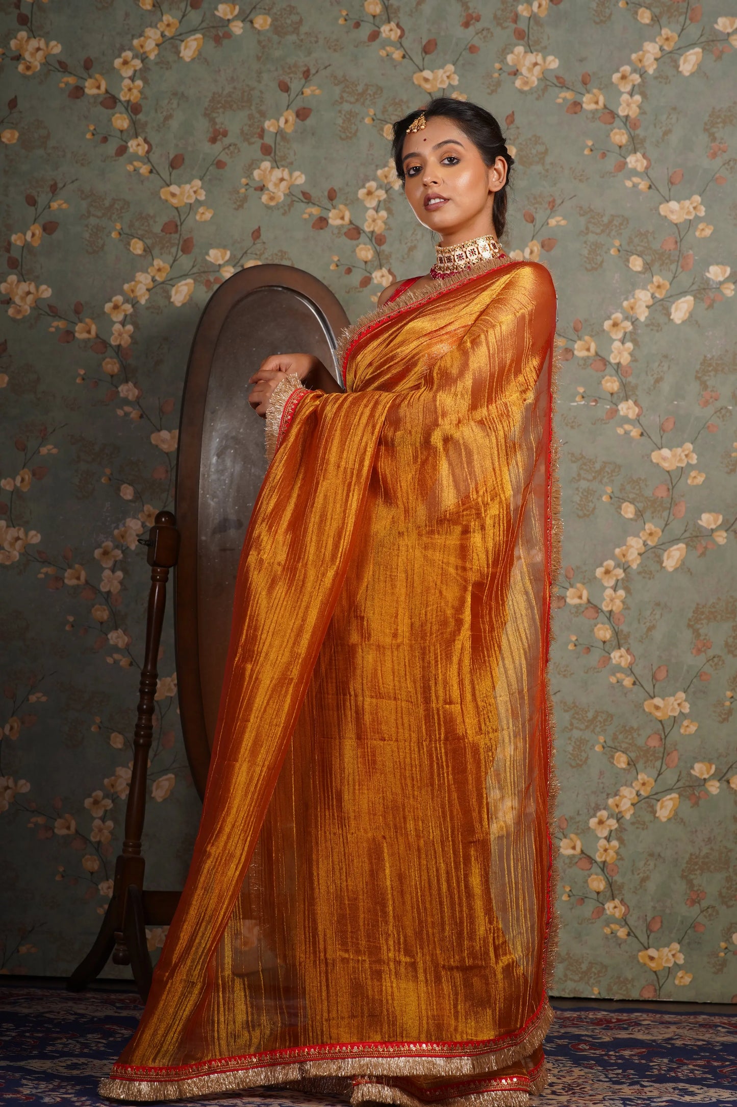 Fiery Gold Zari Tissue Banno Saree kreationbykj