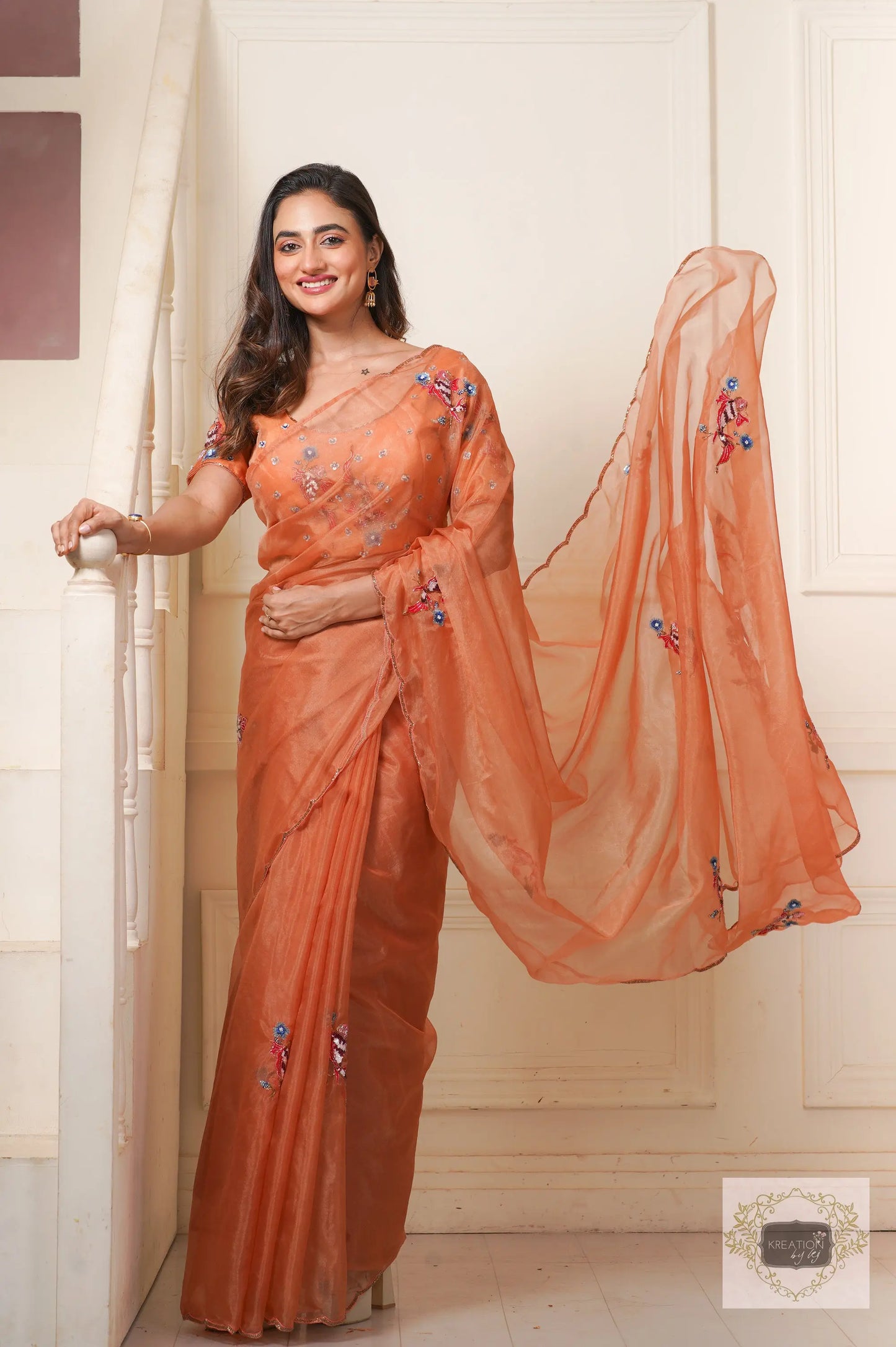 Rust Ying Yang Organza Saree kreationbykj