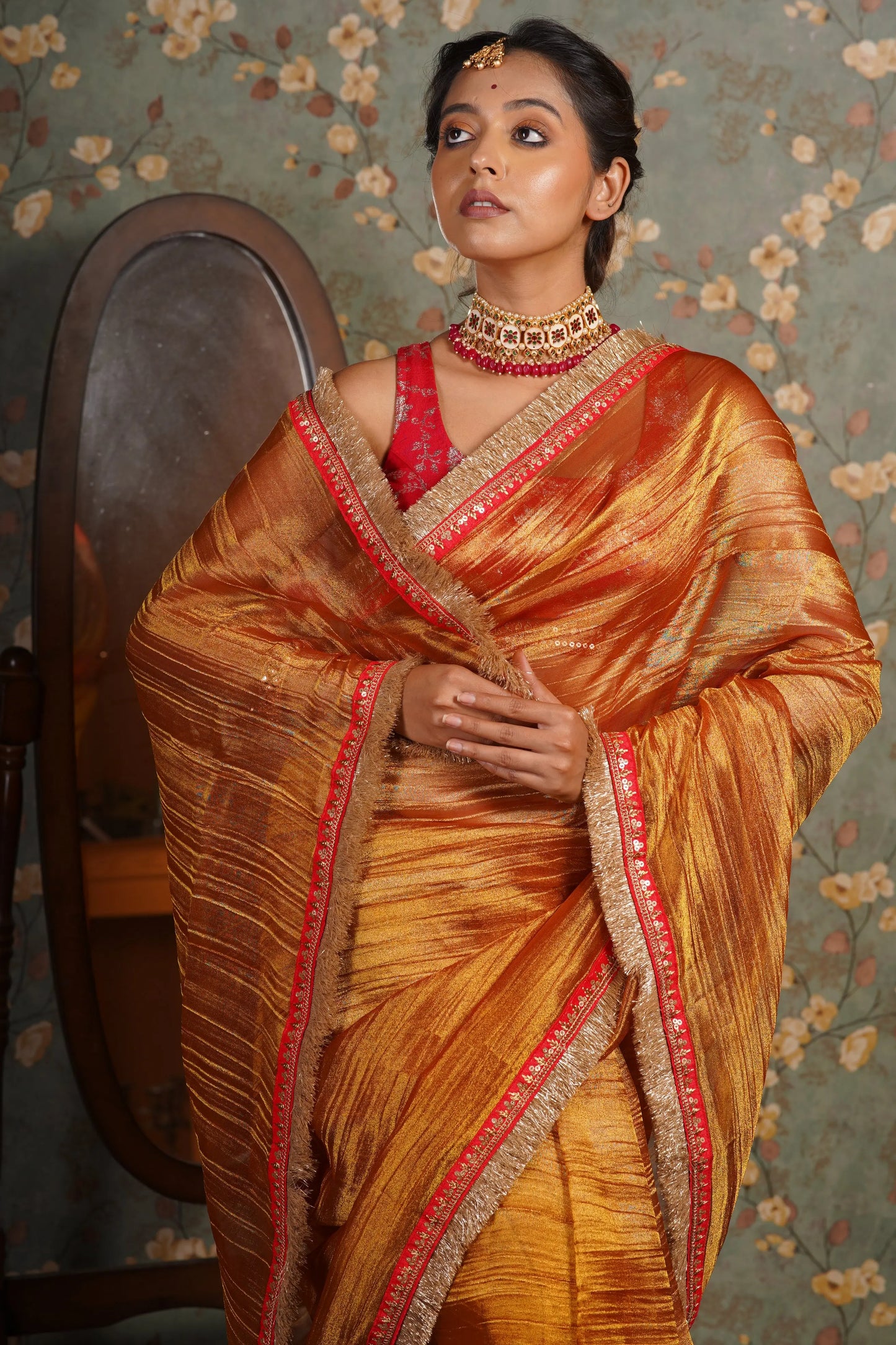 Fiery Gold Zari Tissue Banno Saree kreationbykj
