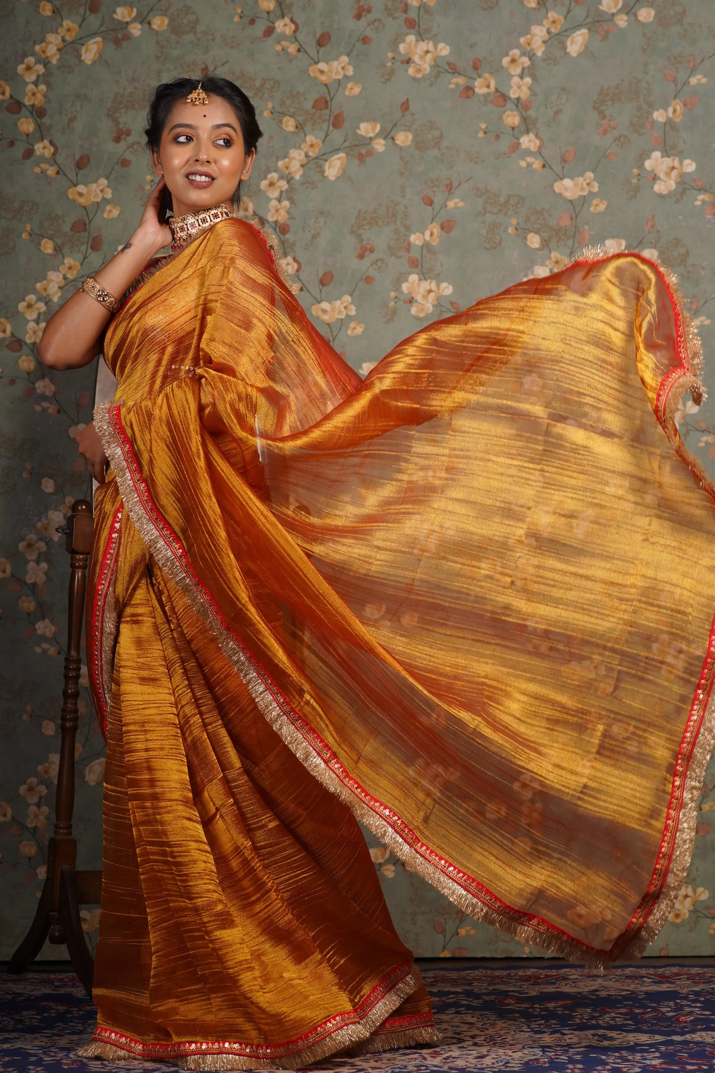 Fiery Gold Zari Tissue Banno Saree kreationbykj