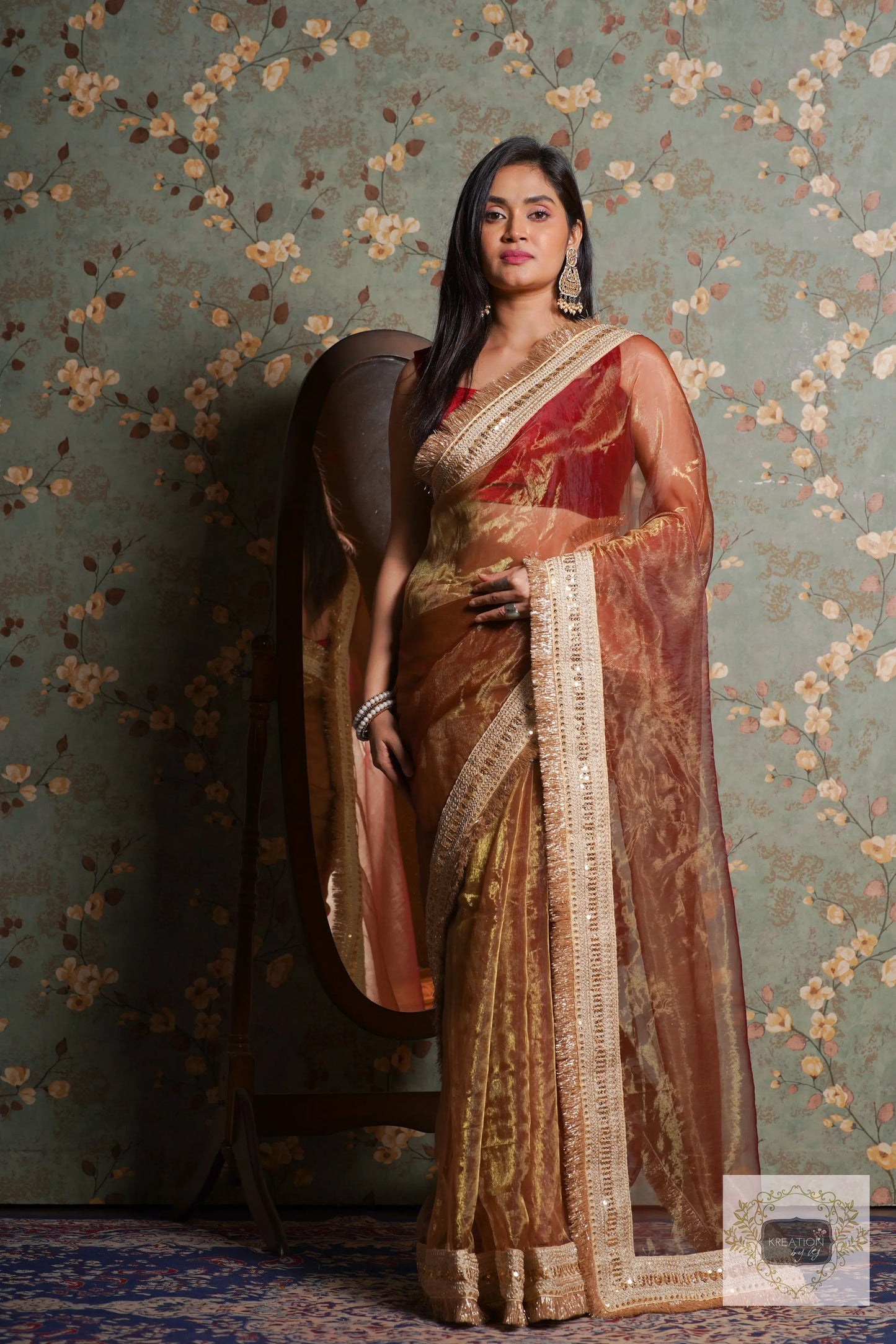 Green Tea Glass Tissue Banno Saree kreationbykj