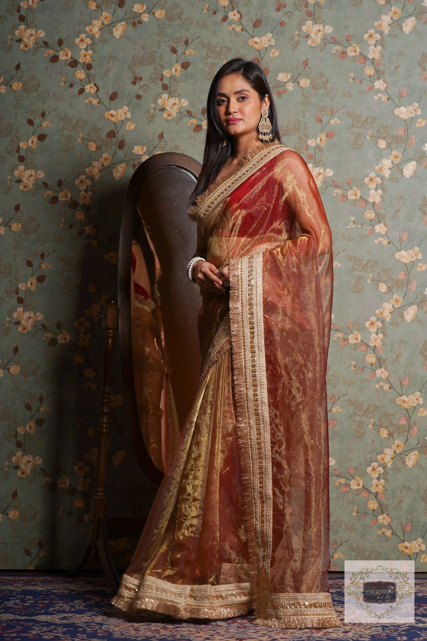 Green Tea Glass Tissue Banno Saree kreationbykj