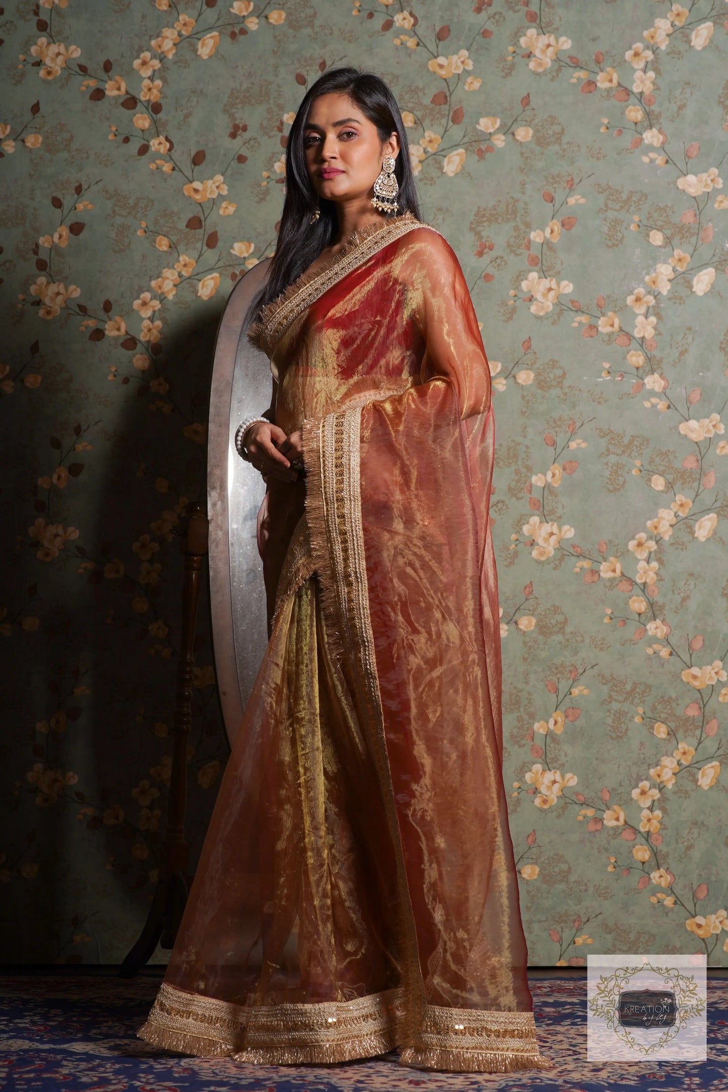 Green Tea Glass Tissue Banno Saree kreationbykj