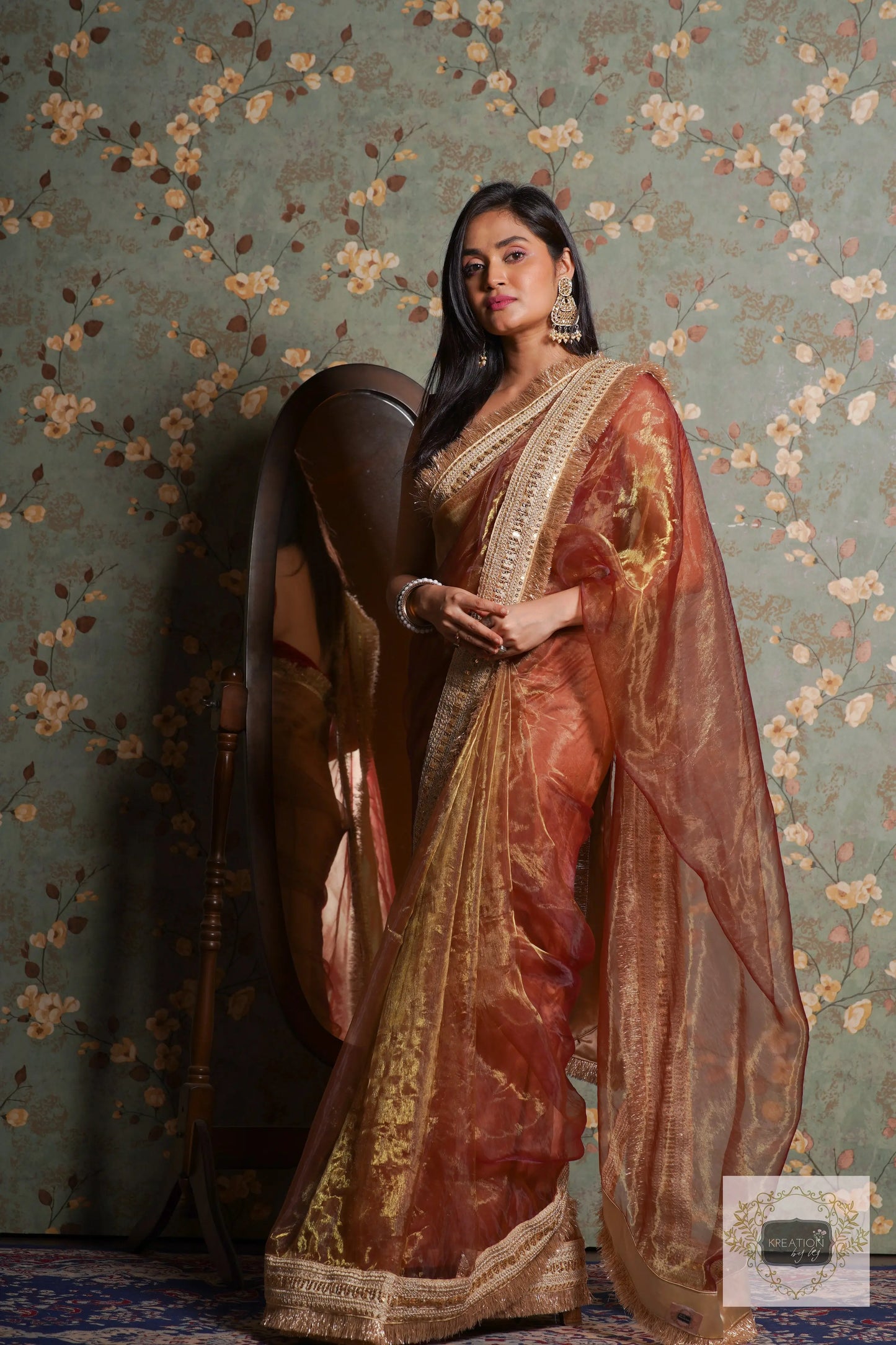 Green Tea Glass Tissue Banno Saree kreationbykj