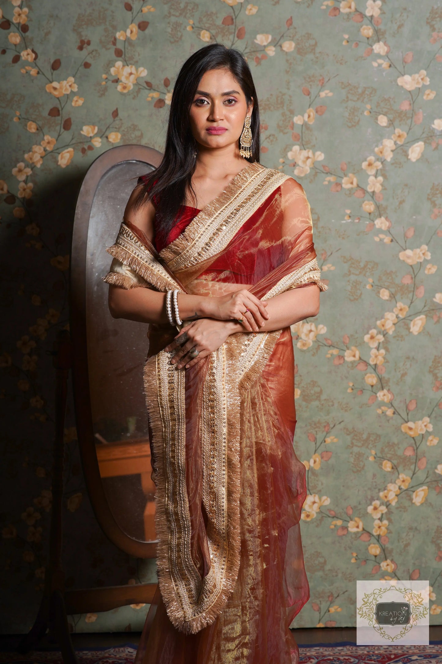 Green Tea Glass Tissue Banno Saree kreationbykj