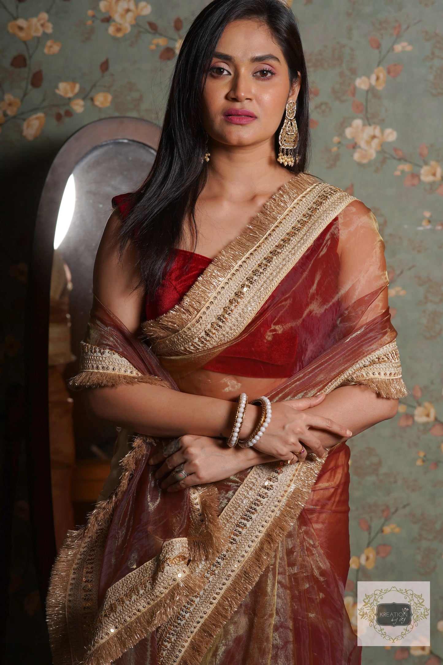 Green Tea Glass Tissue Banno Saree kreationbykj