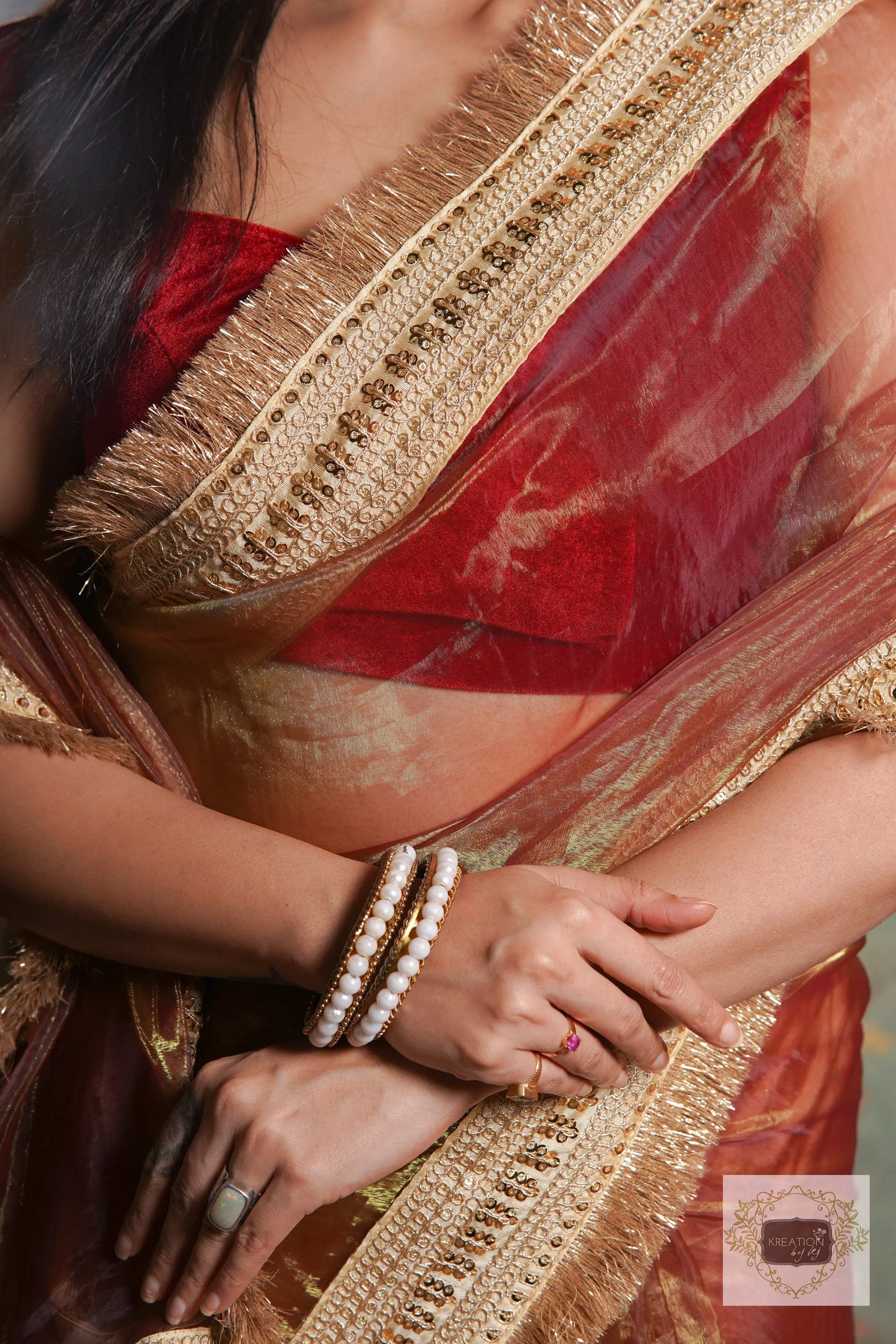 Green Tea Glass Tissue Banno Saree kreationbykj