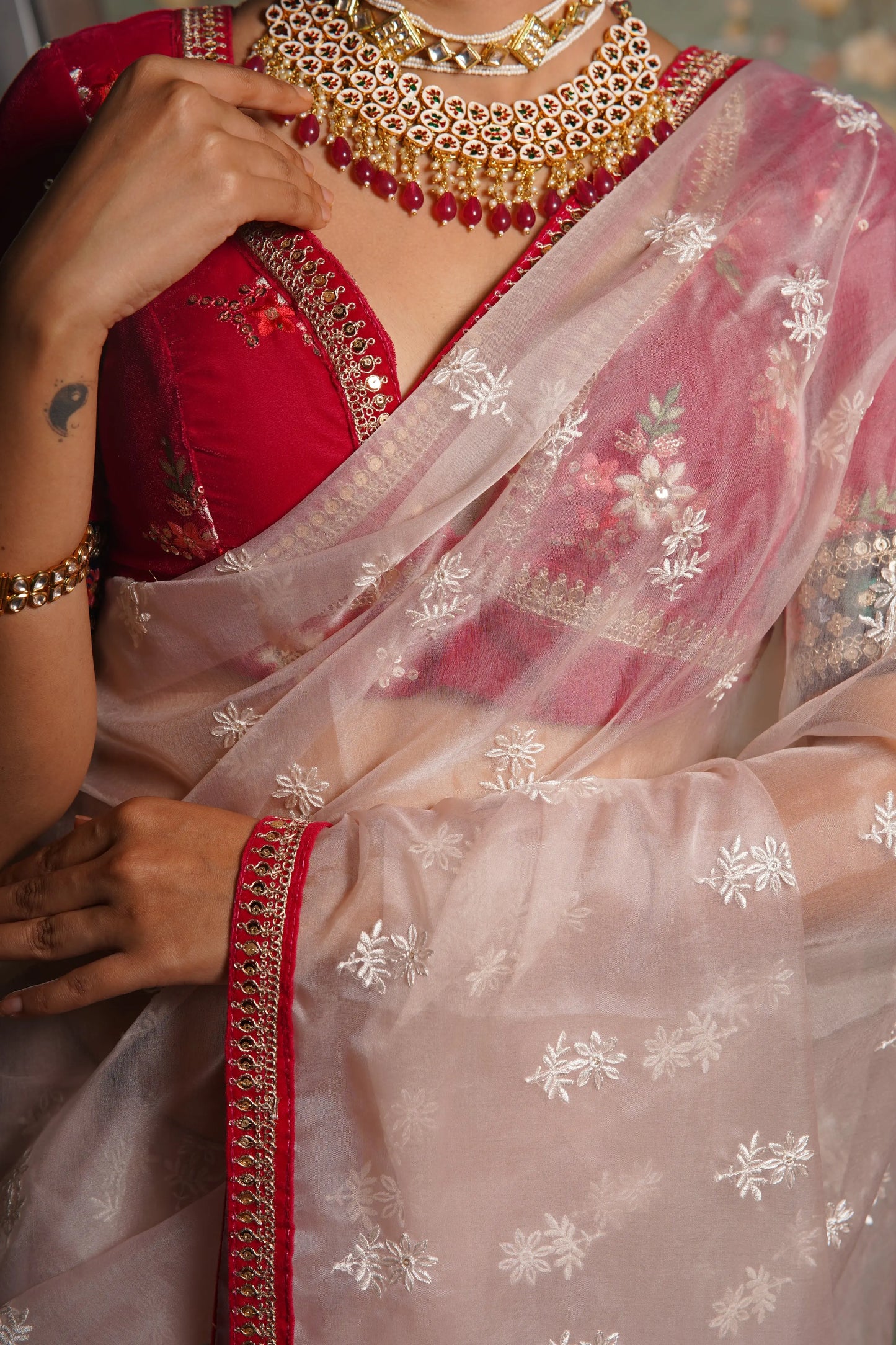Blush Pink Organza Saree with Rani Pink Border kreationbykj