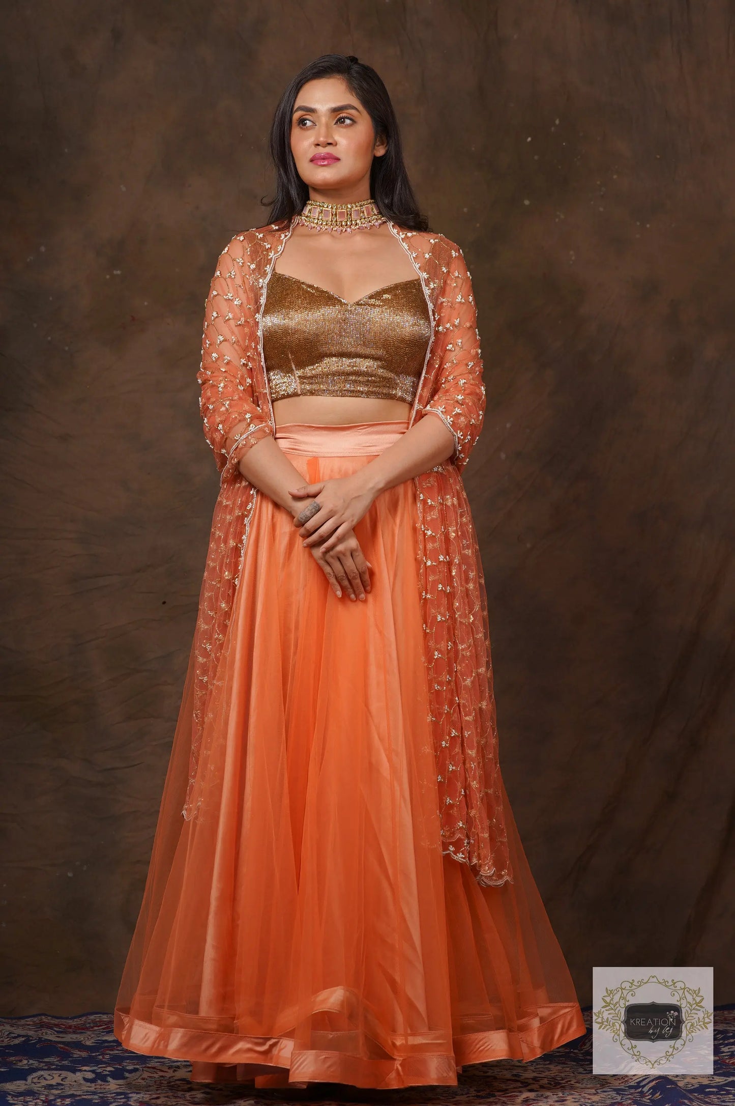 Coral Handembroidered Double Flared Lehenga Set kreationbykj