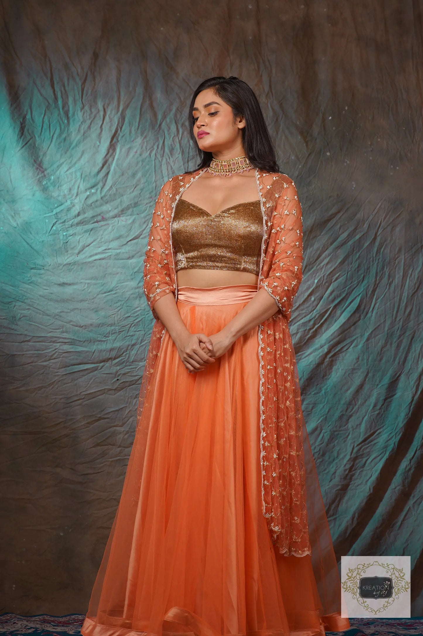 Coral Handembroidered Double Flared Lehenga Set kreationbykj