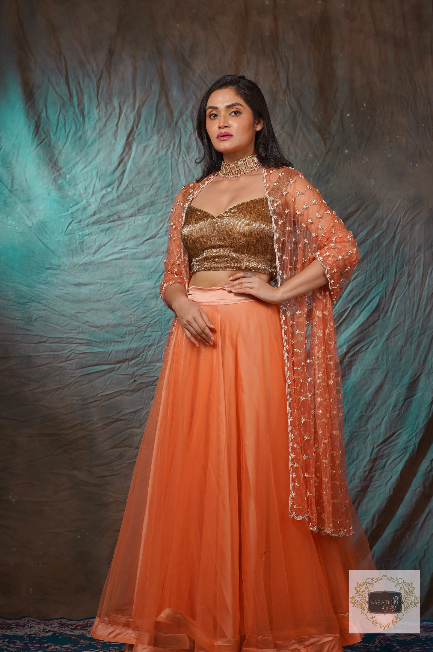 Coral Handembroidered Double Flared Lehenga Set kreationbykj