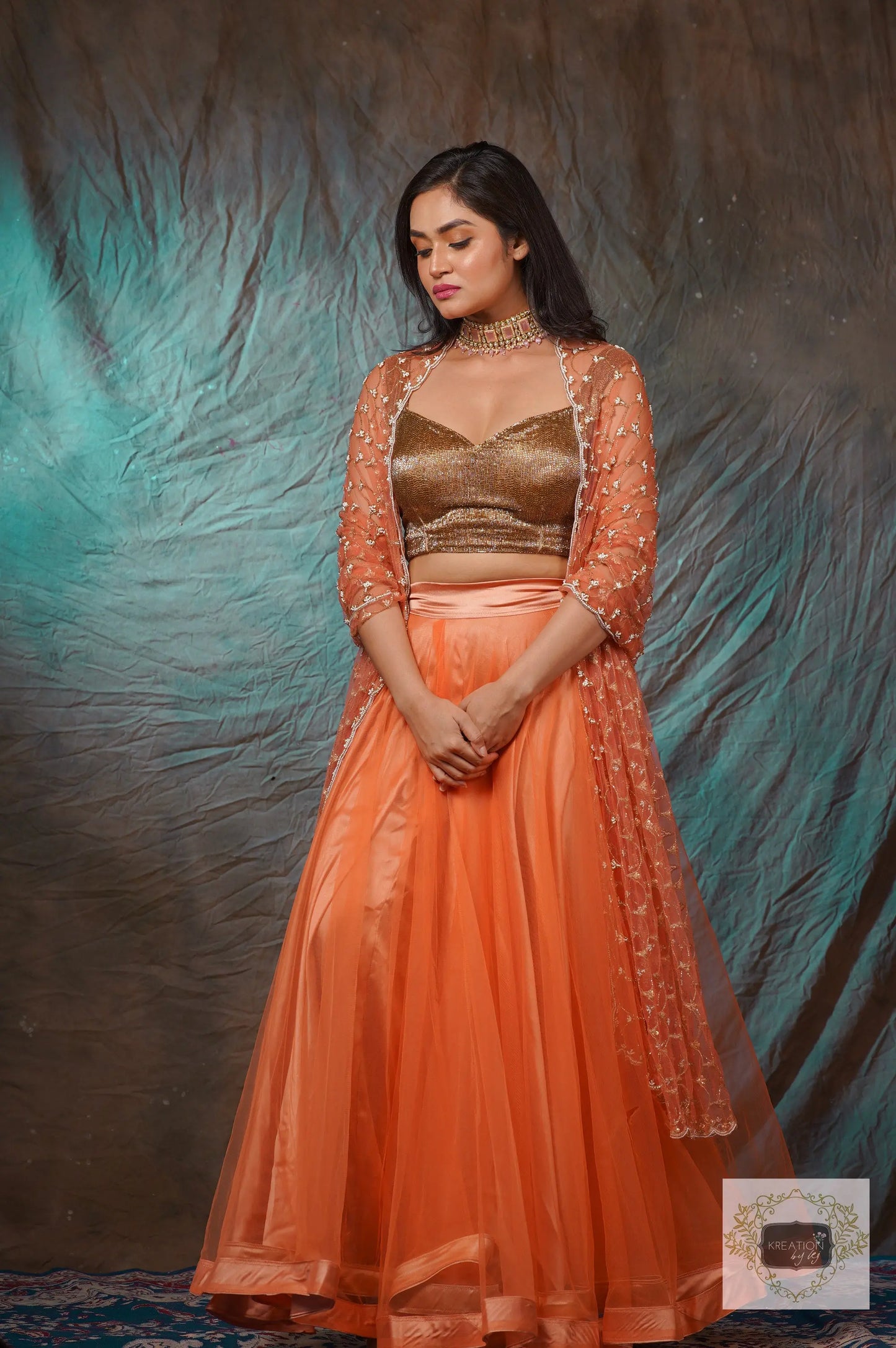 Coral Handembroidered Double Flared Lehenga Set kreationbykj