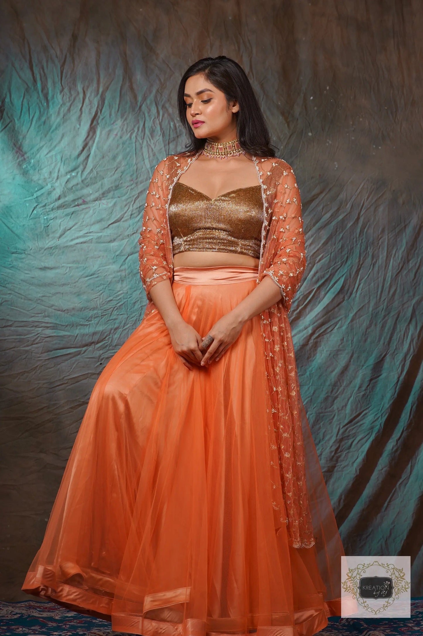 Coral Handembroidered Double Flared Lehenga Set kreationbykj