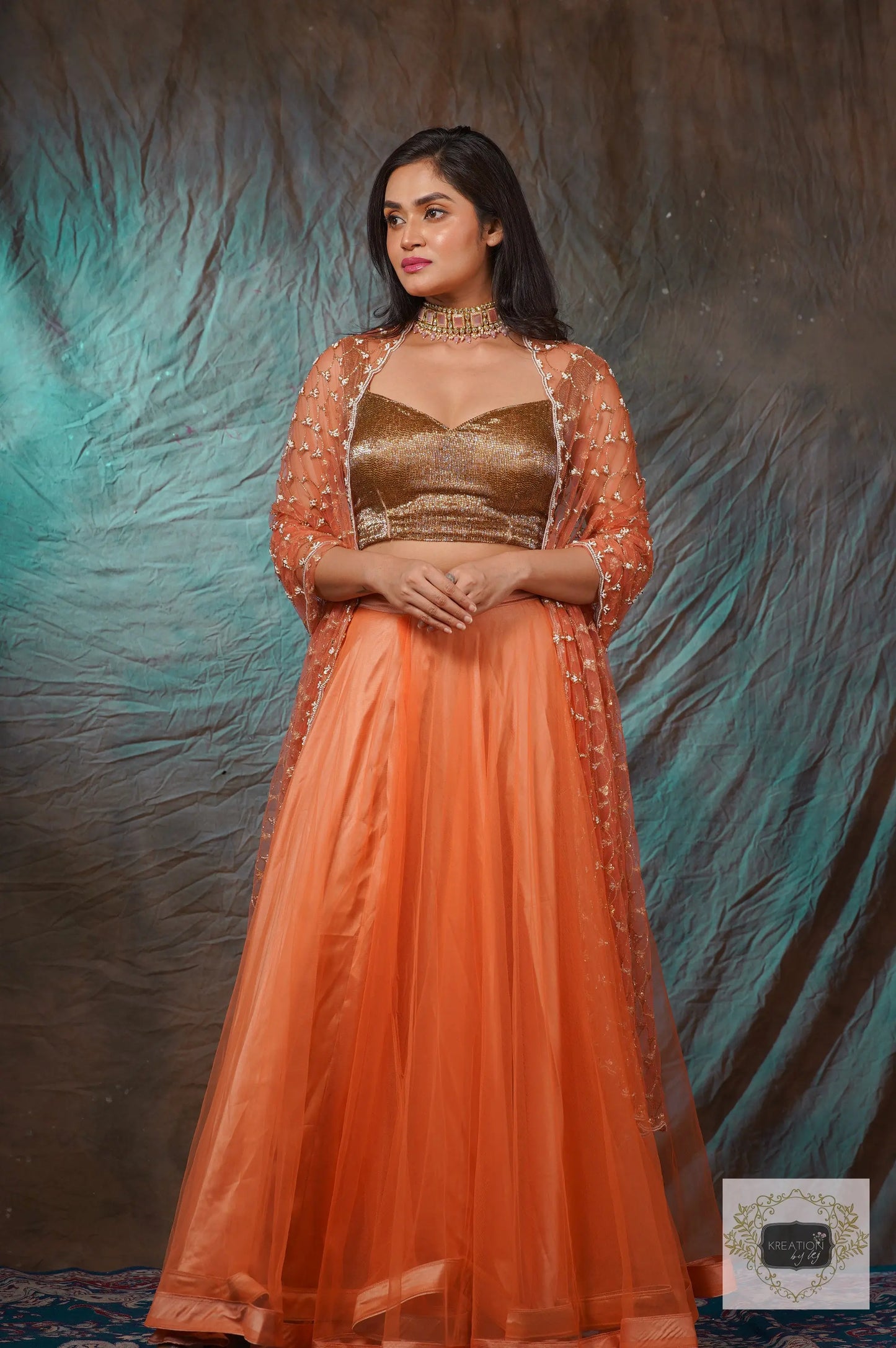 Coral Handembroidered Double Flared Lehenga Set kreationbykj