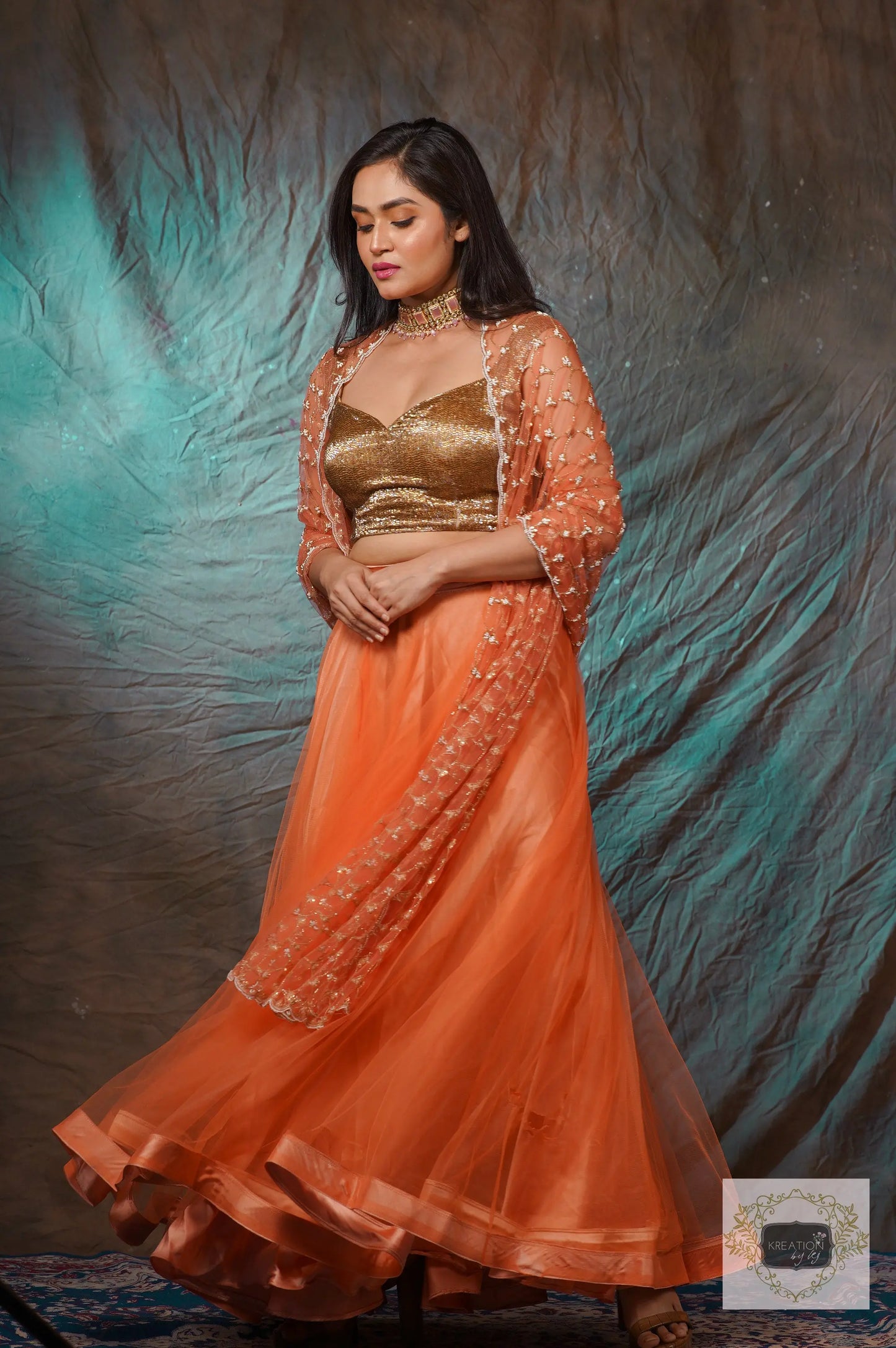 Coral Handembroidered Double Flared Lehenga Set kreationbykj