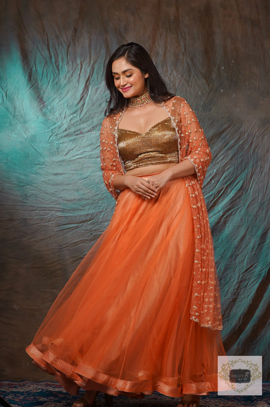 Coral Handembroidered Double Flared Lehenga Set kreationbykj