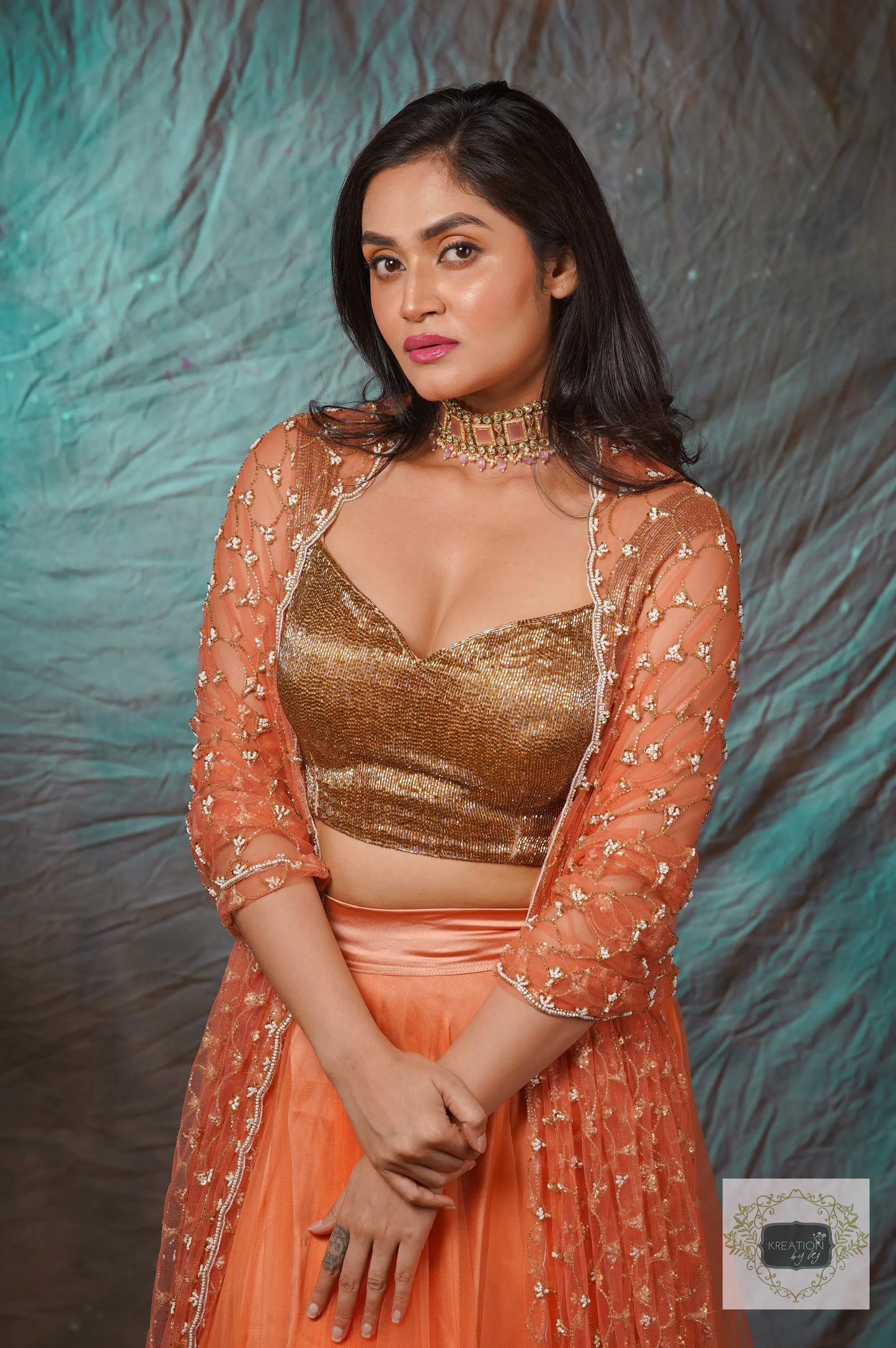 Coral Handembroidered Double Flared Lehenga Set kreationbykj