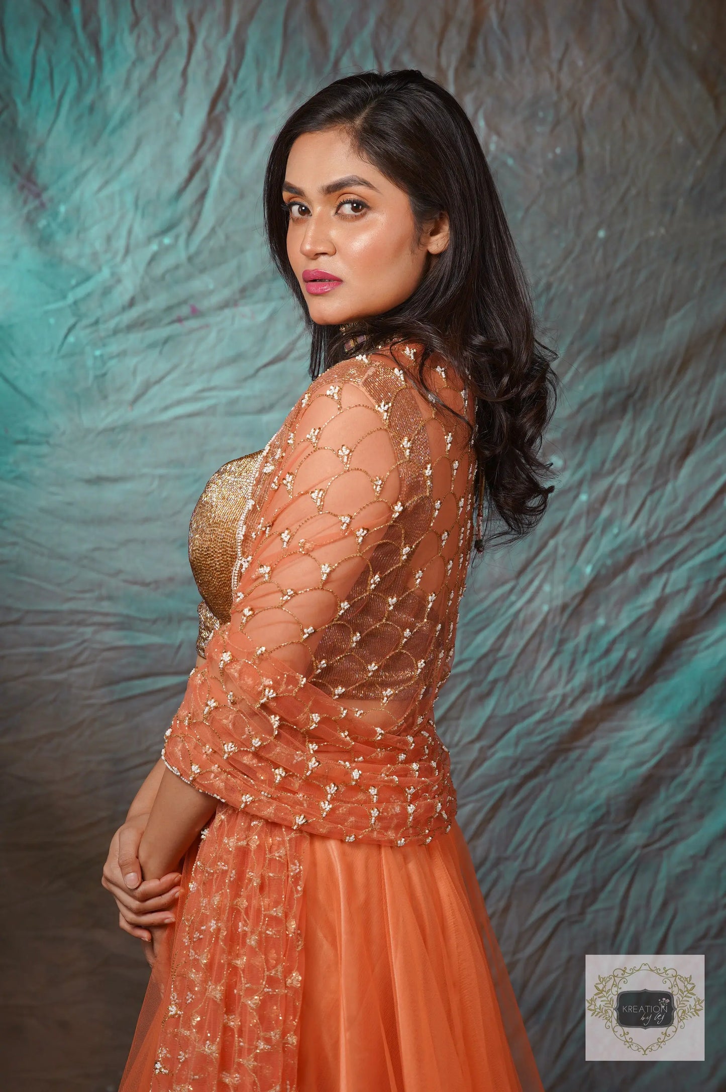 Coral Handembroidered Double Flared Lehenga Set kreationbykj