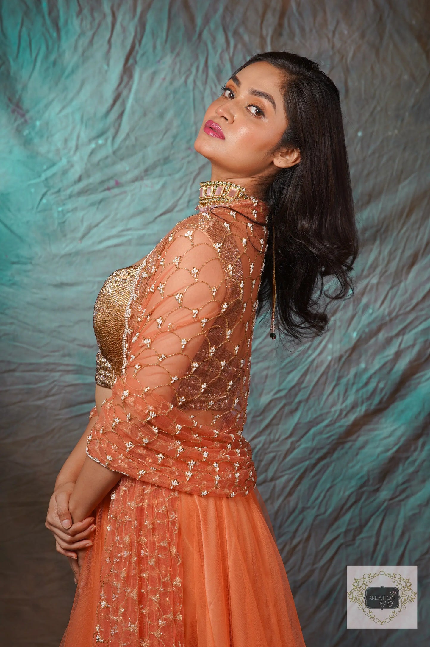 Coral Handembroidered Double Flared Lehenga Set kreationbykj