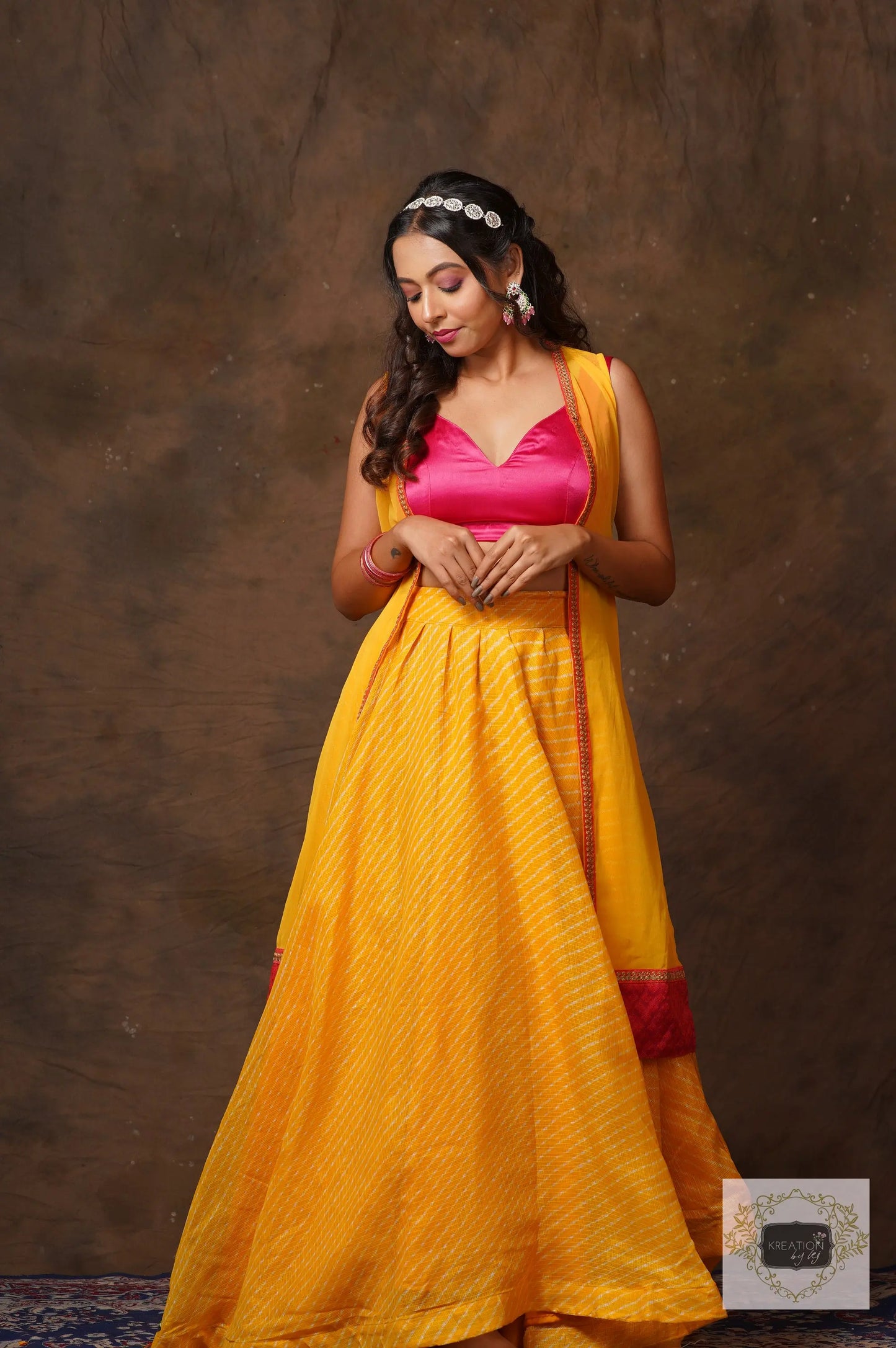 Yellow Leheriya Lehenga Set kreationbykj
