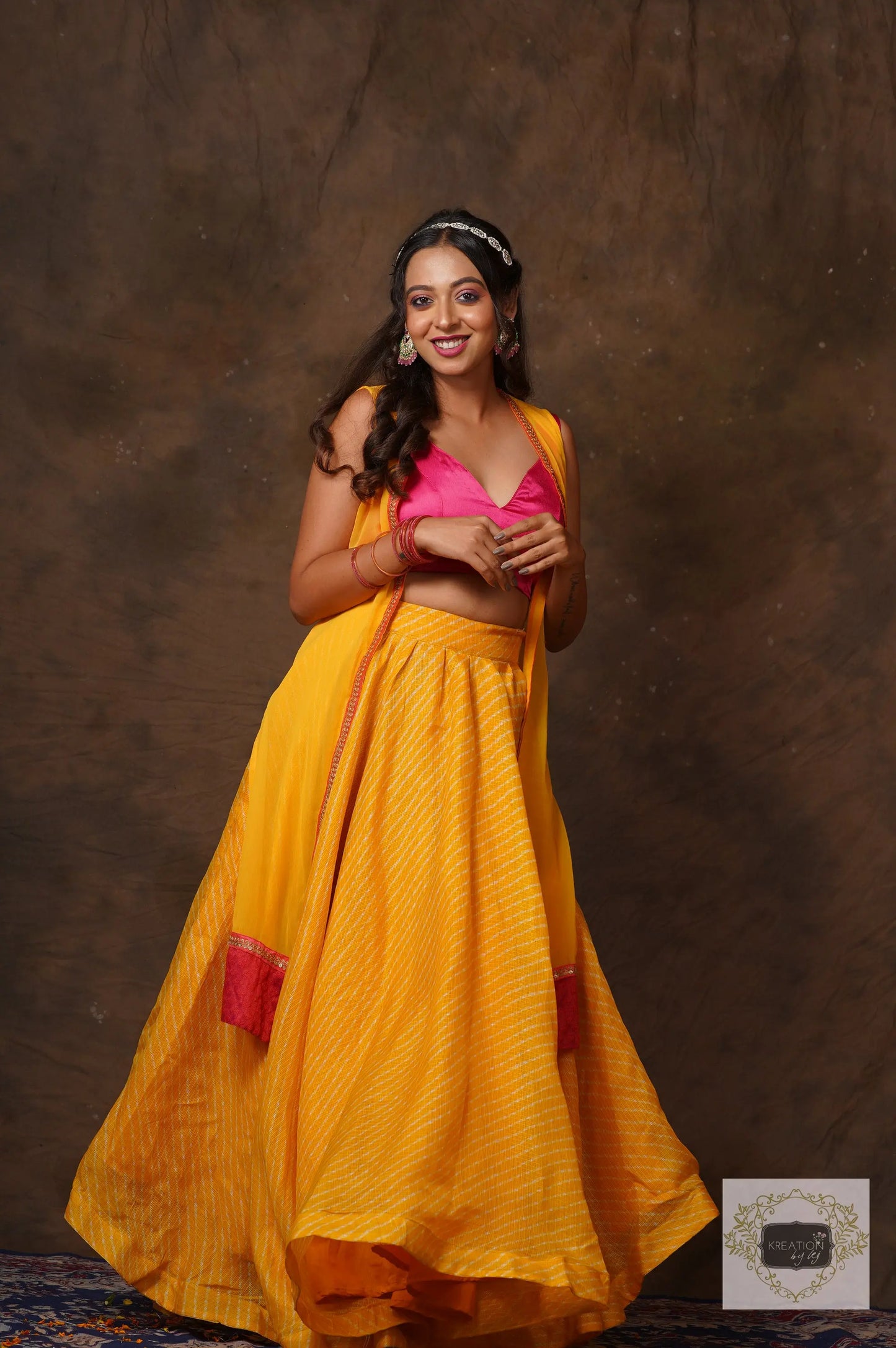 Yellow Leheriya Lehenga Set kreationbykj