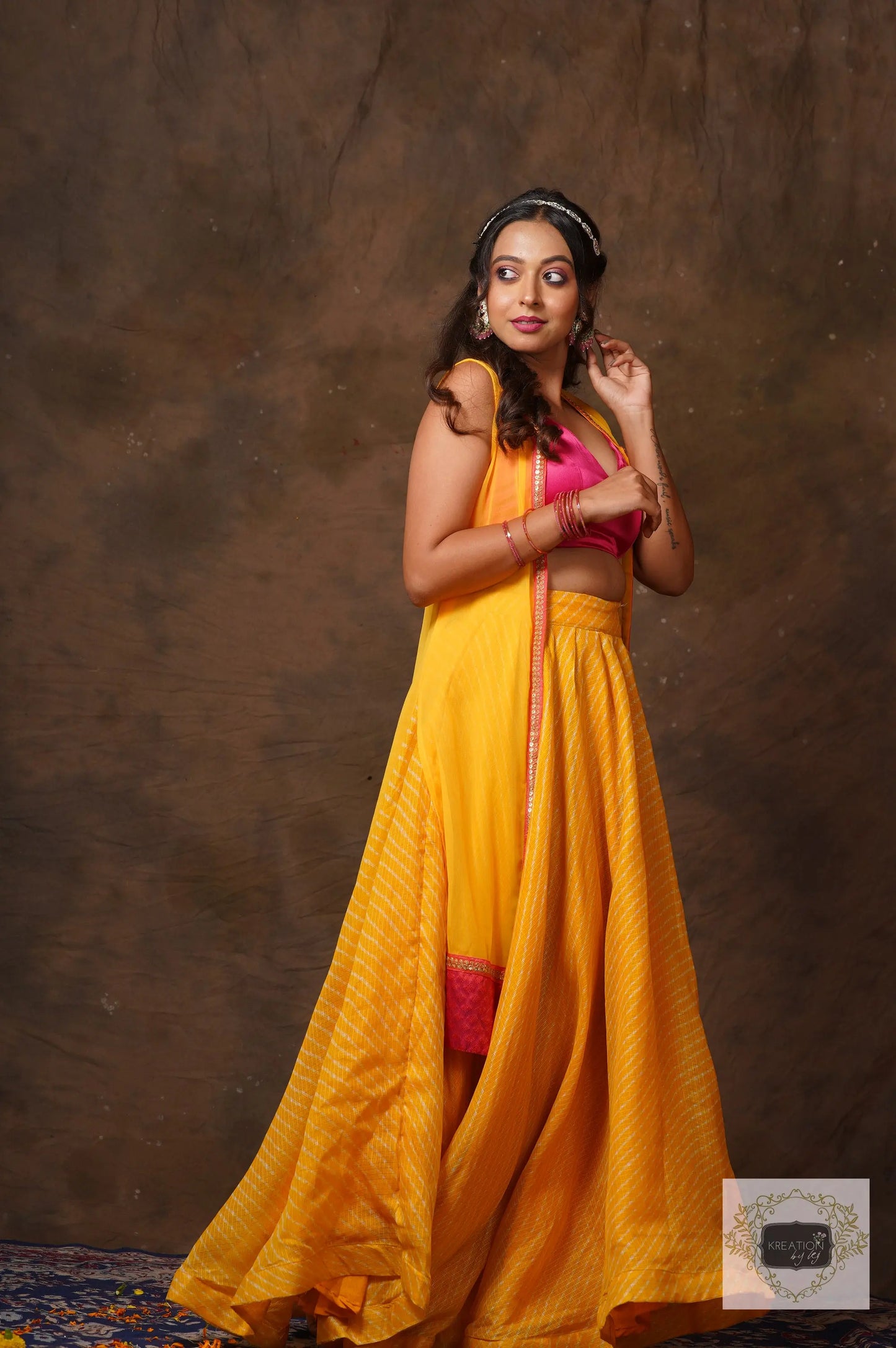 Yellow Leheriya Lehenga Set kreationbykj