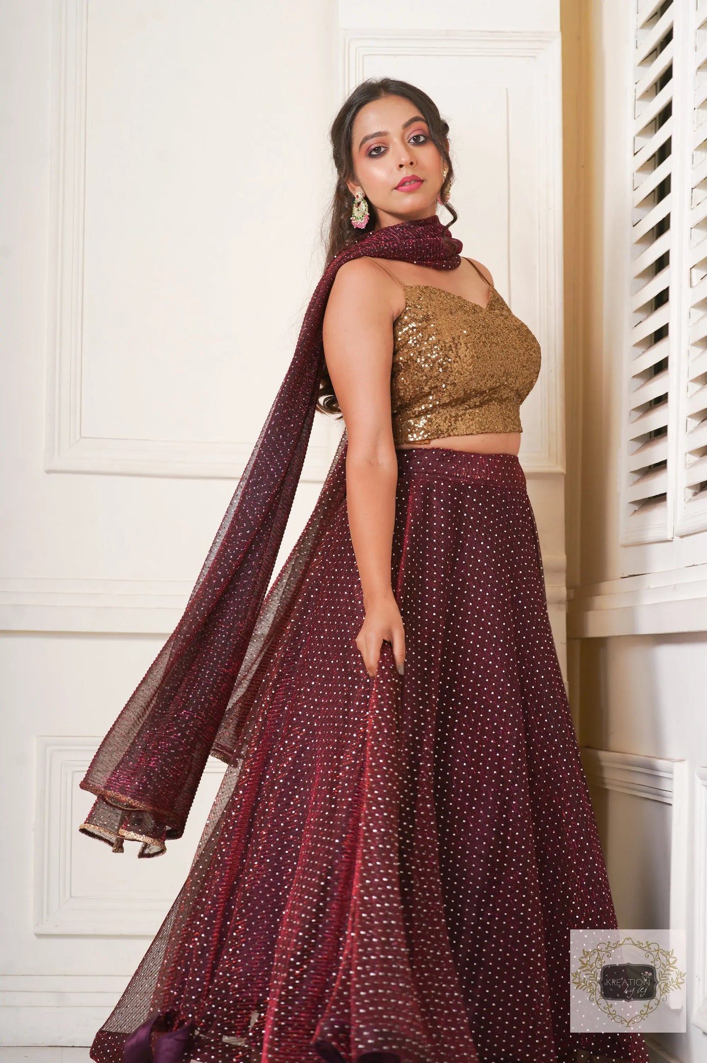 Maroon Wine Cocktail Flared Lehenga Set kreationbykj