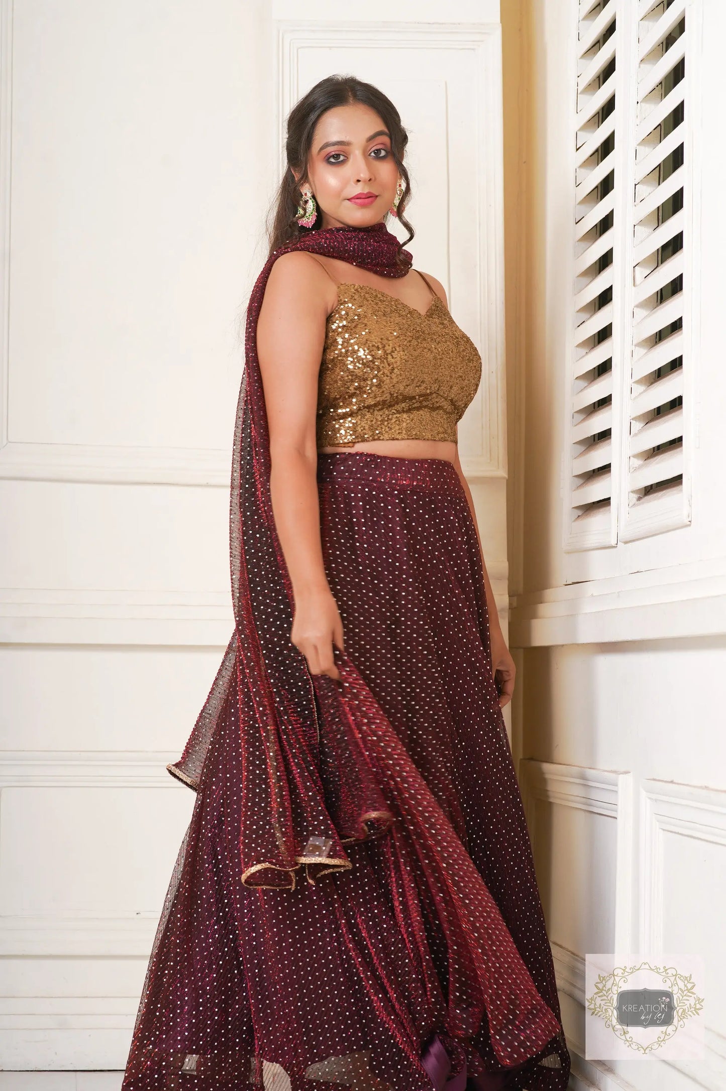 Maroon Wine Cocktail Flared Lehenga Set kreationbykj