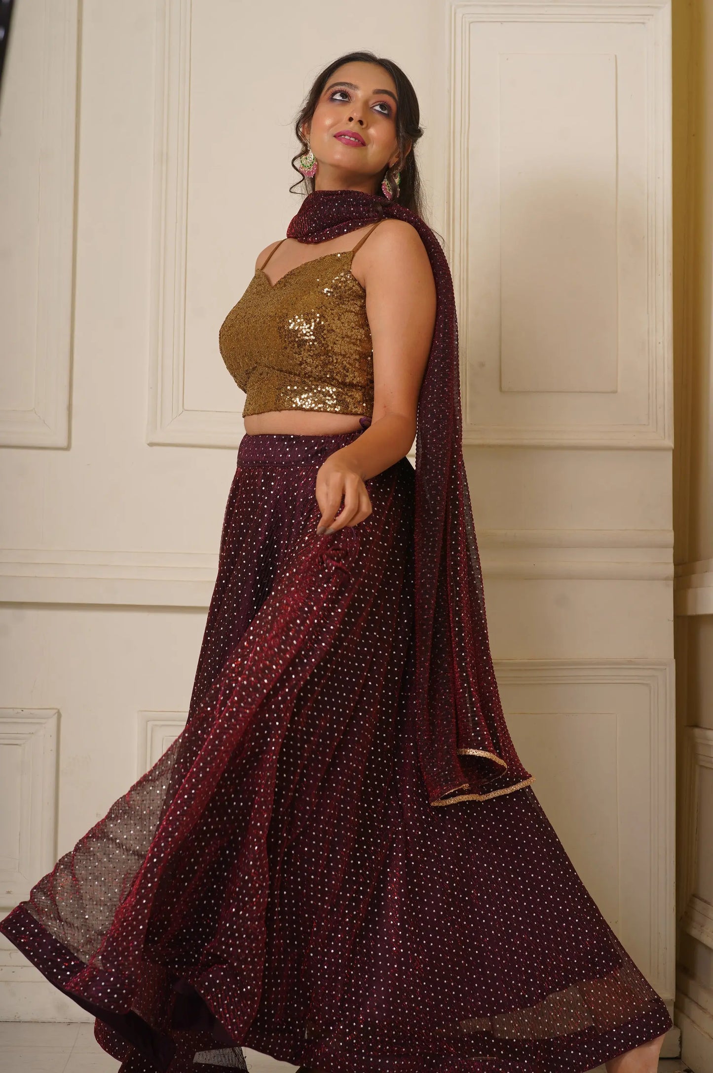 Maroon Wine Cocktail Flared Lehenga Set kreationbykj