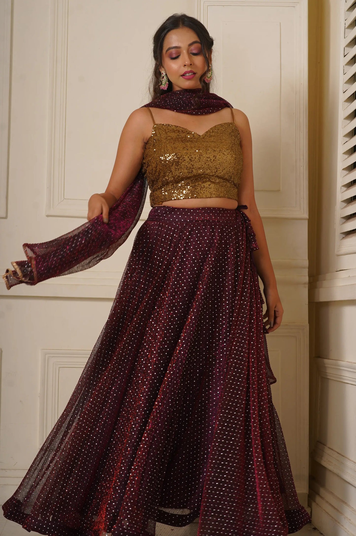 Maroon Wine Cocktail Flared Lehenga Set kreationbykj