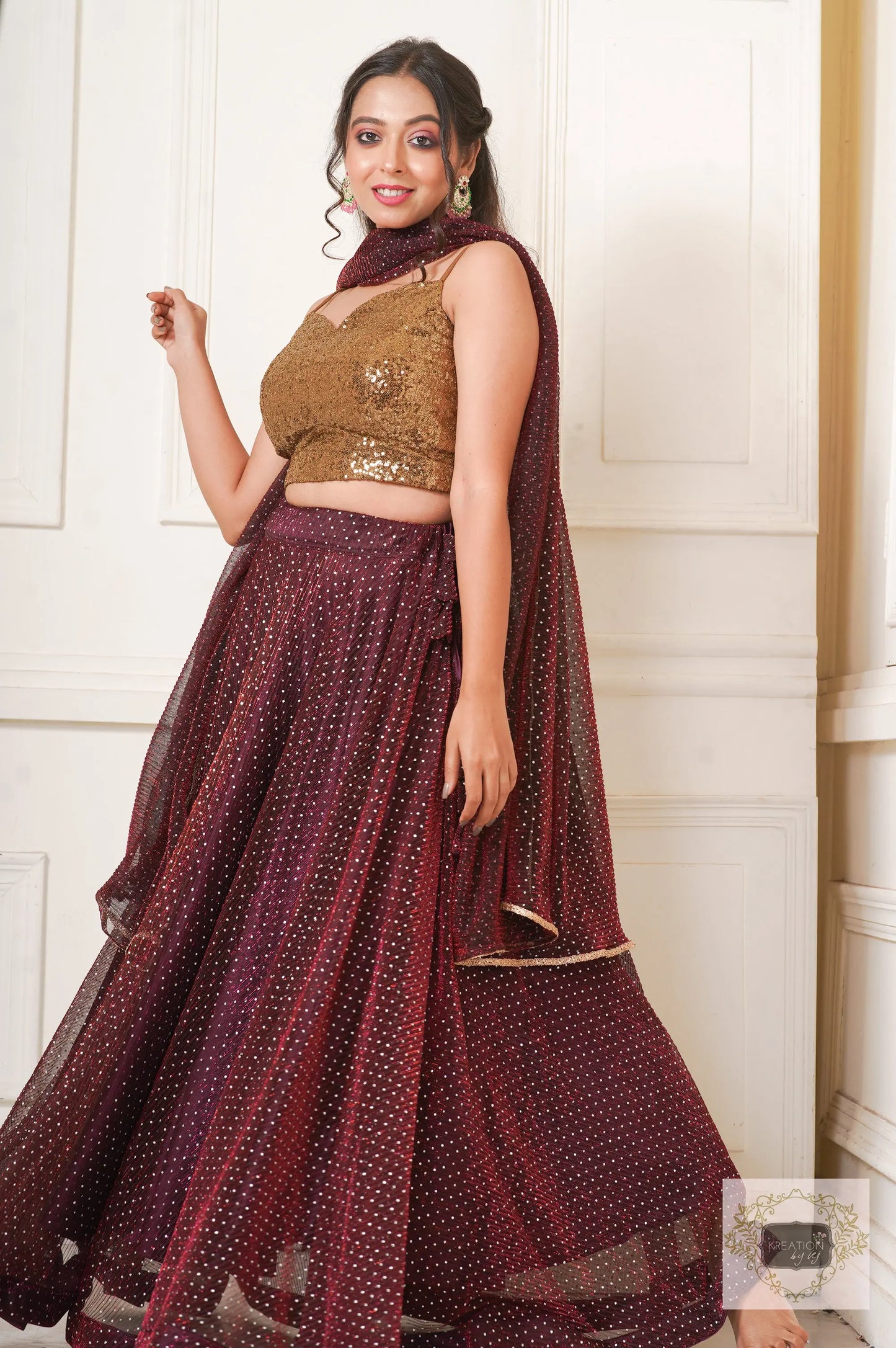 Maroon Wine Cocktail Flared Lehenga Set kreationbykj
