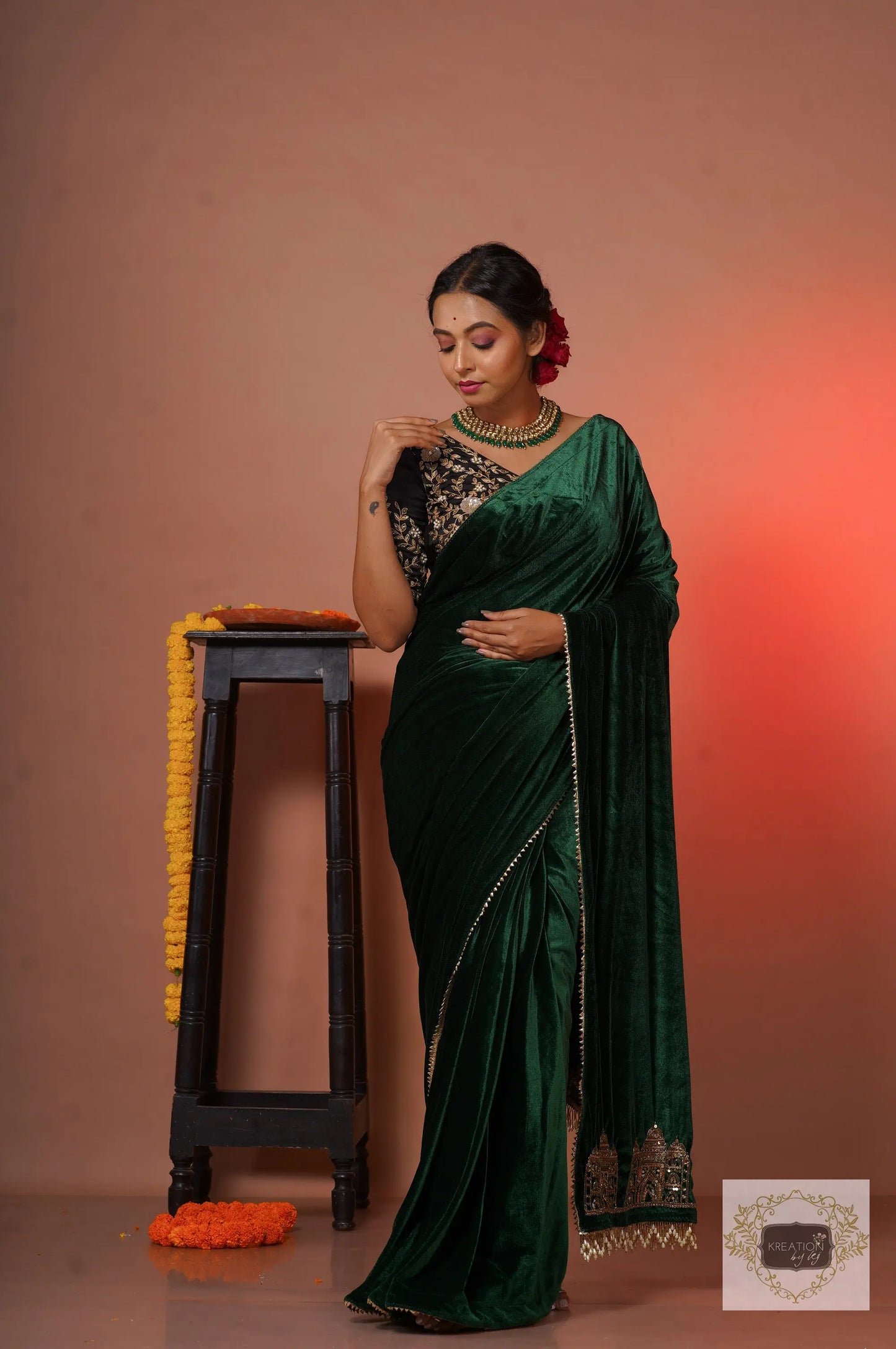 Green Velvet Taj Mahal Saree kreationbykj