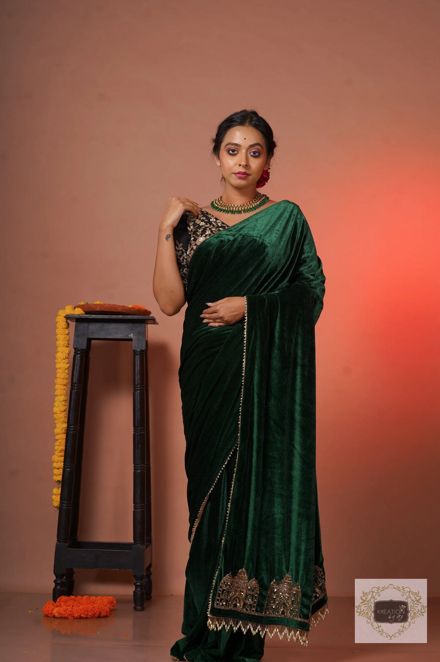 Green Velvet Taj Mahal Saree kreationbykj