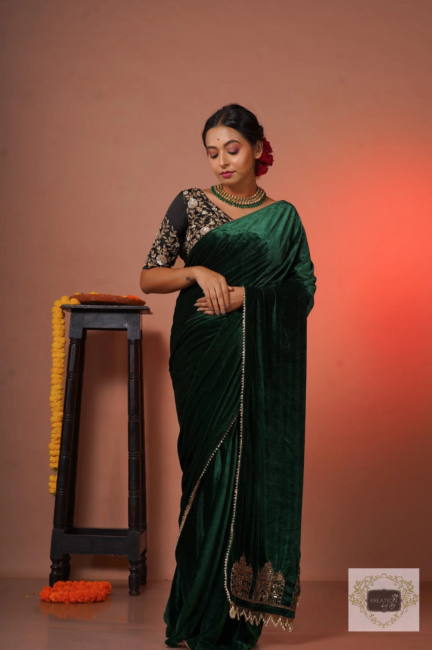 Green Velvet Taj Mahal Saree kreationbykj